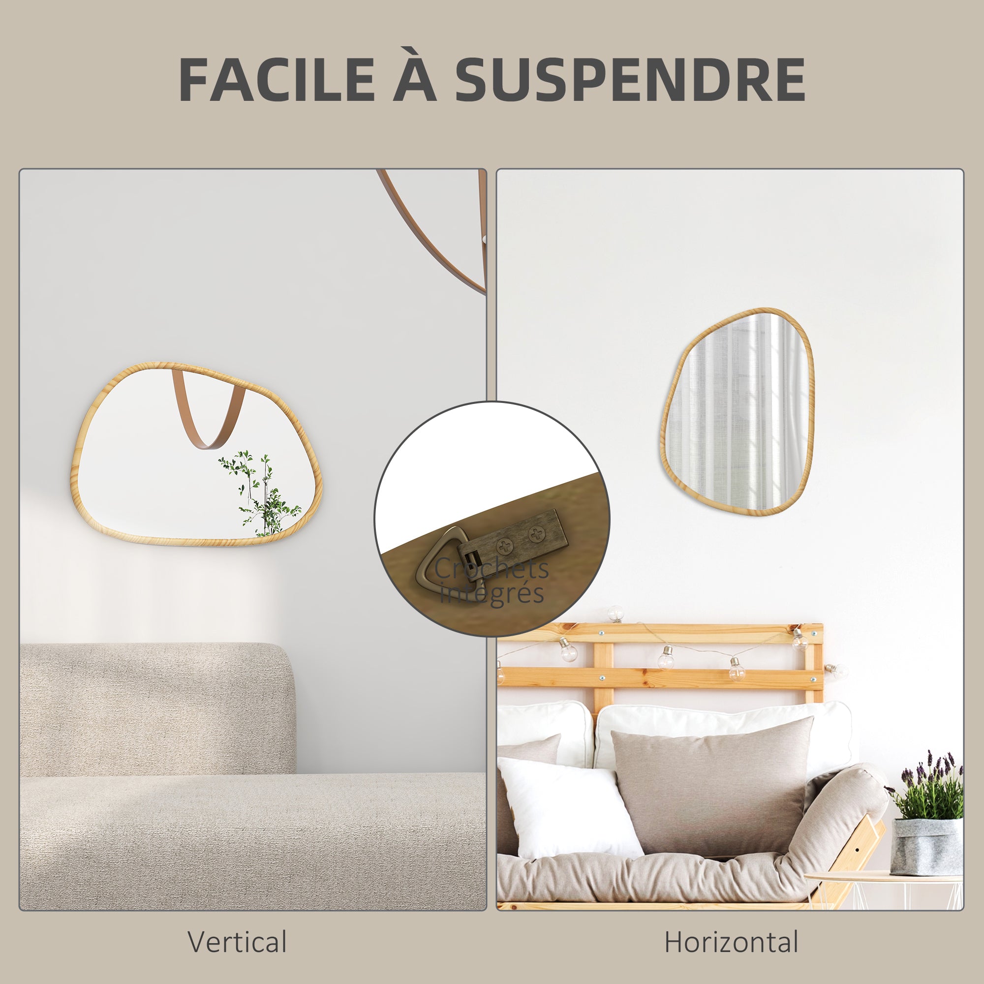 Miroir mural, miroir décoratif, forme organique, 70 x 50 cm, horizontal ou vertical, avec cadre en bois de pin, miroir suspendu pour salle de bain, chambre, salon, couloir, naturel