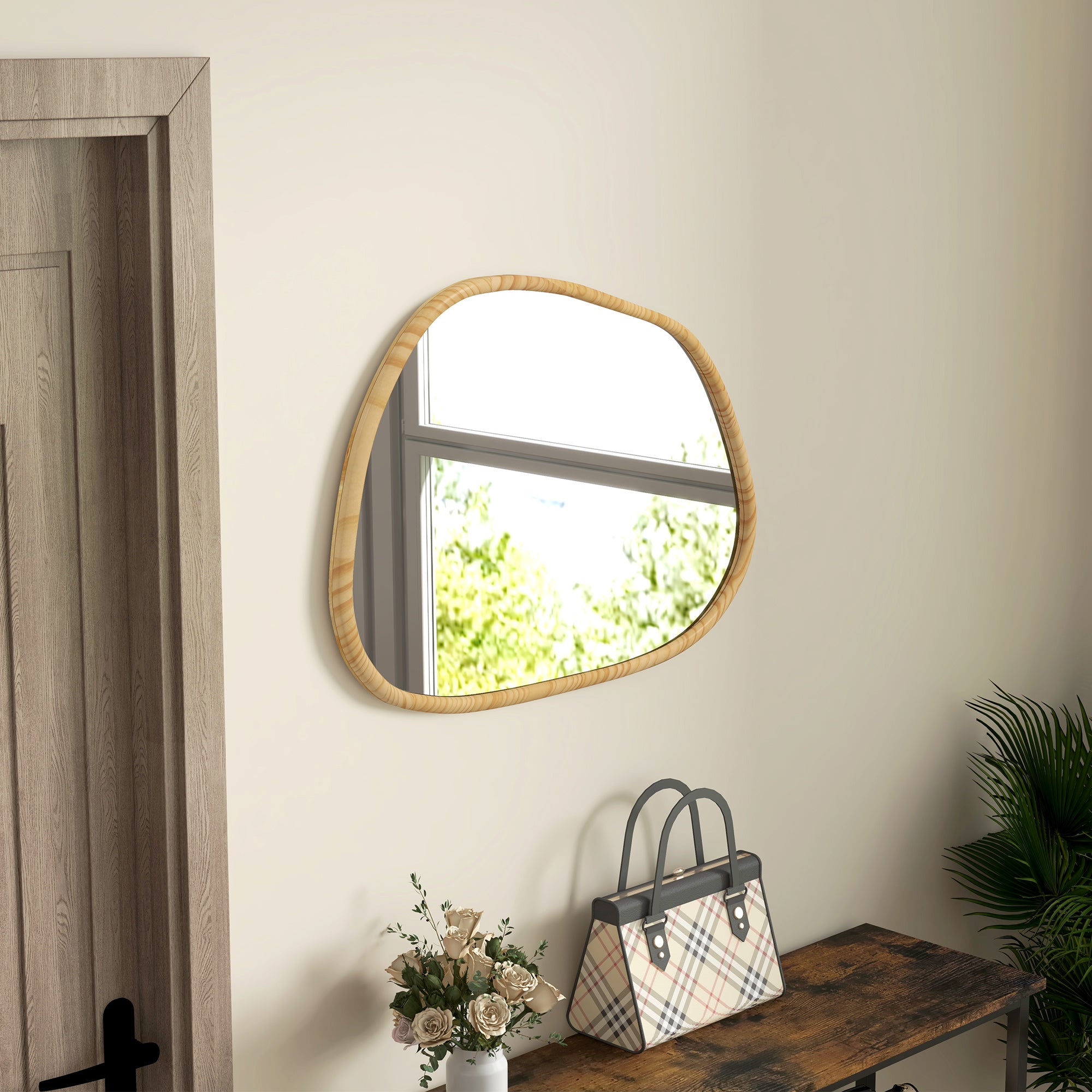 Miroir mural, miroir décoratif, forme organique, 70 x 50 cm, horizontal ou vertical, avec cadre en bois de pin, miroir suspendu pour salle de bain, chambre, salon, couloir, naturel