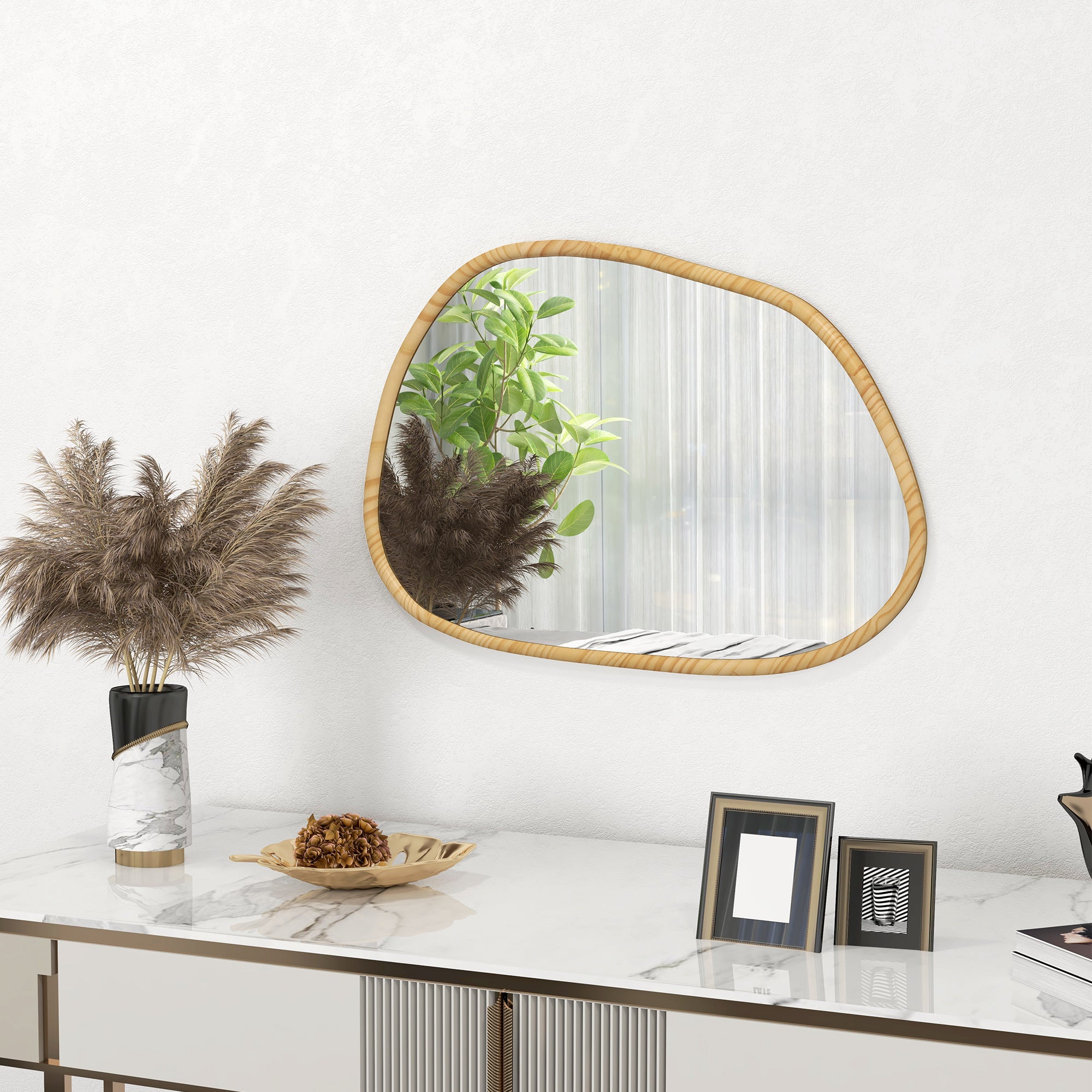 Miroir mural, miroir décoratif, forme organique, 70 x 50 cm, horizontal ou vertical, avec cadre en bois de pin, miroir suspendu pour salle de bain, chambre, salon, couloir, naturel