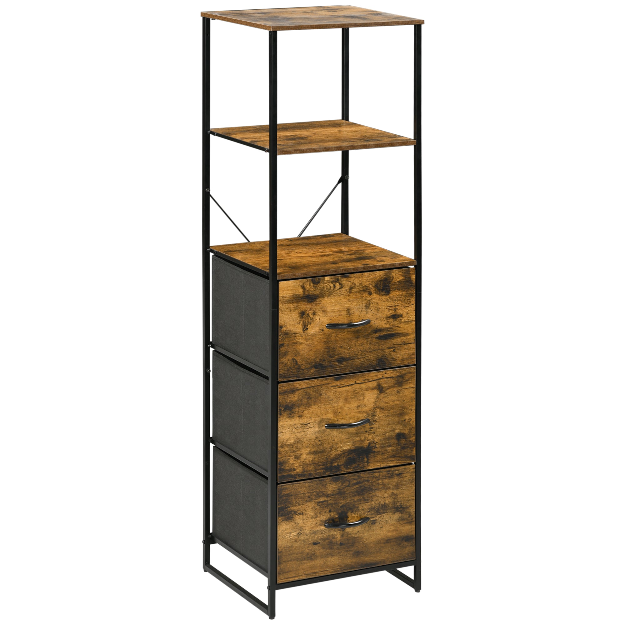Bibliothèque Étagère Verticale de rangement avec 3 tiroirs en tissu amovibles - style industriel - dim. 44L x 40l x 155H cm, Chambre, Salon, Bureau, marron