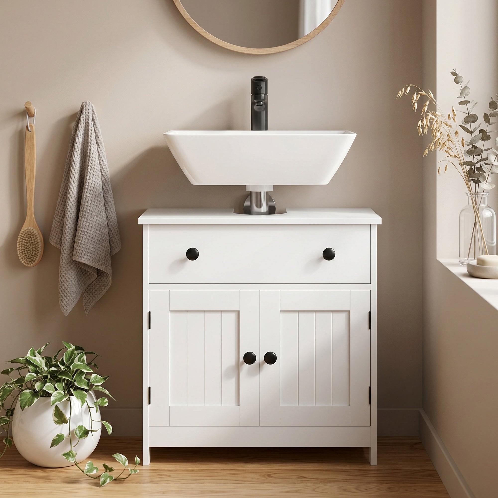 Meuble sous lavabo, meuble de salle de bain moderne avec charnières à fermeture douce, tiroir, 2 portes, découpe en U pour lavabo sans colonne, 60 x 30 x 60 cm, blanc