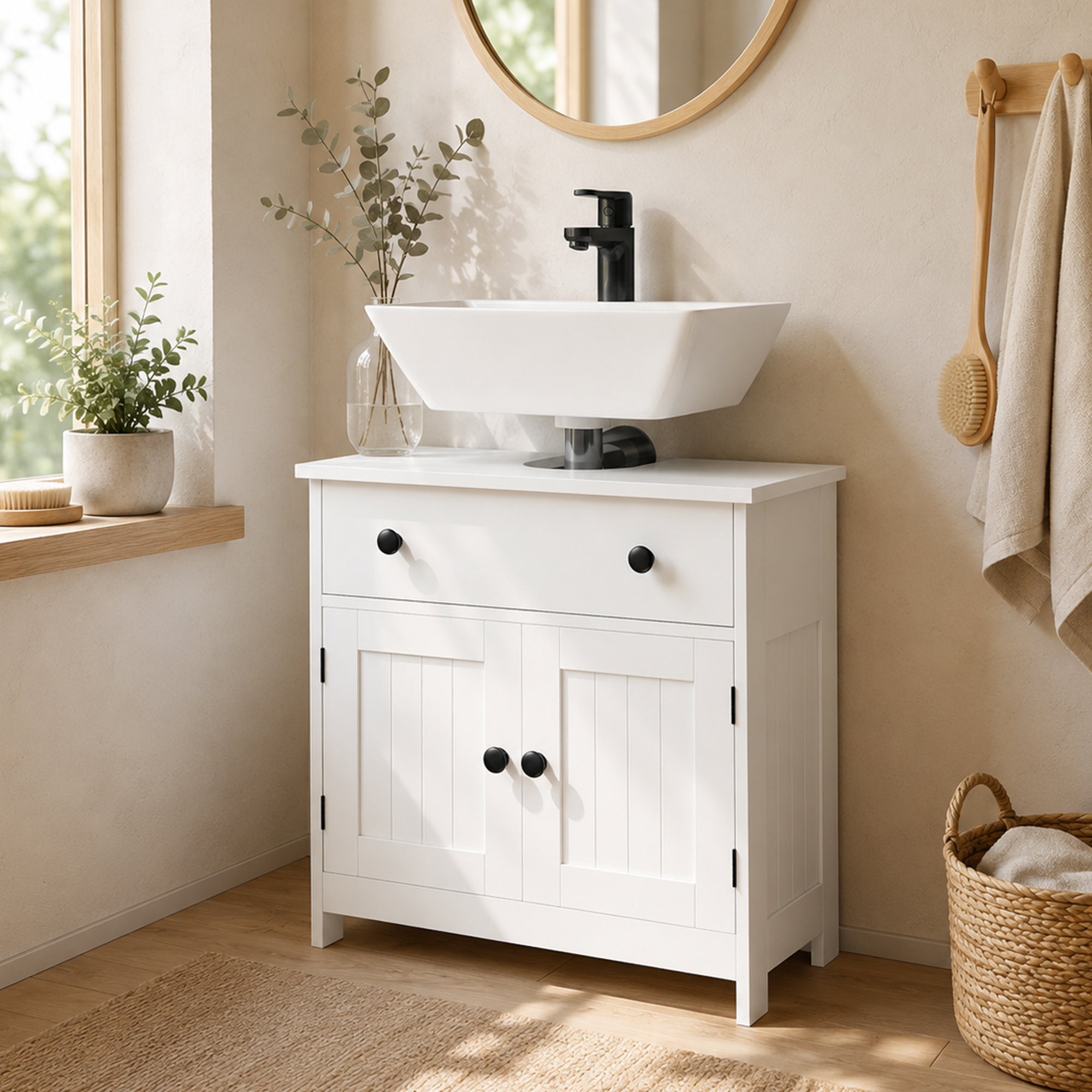 Meuble sous lavabo, meuble de salle de bain moderne avec charnières à fermeture douce, tiroir, 2 portes, découpe en U pour lavabo sans colonne, 60 x 30 x 60 cm, blanc