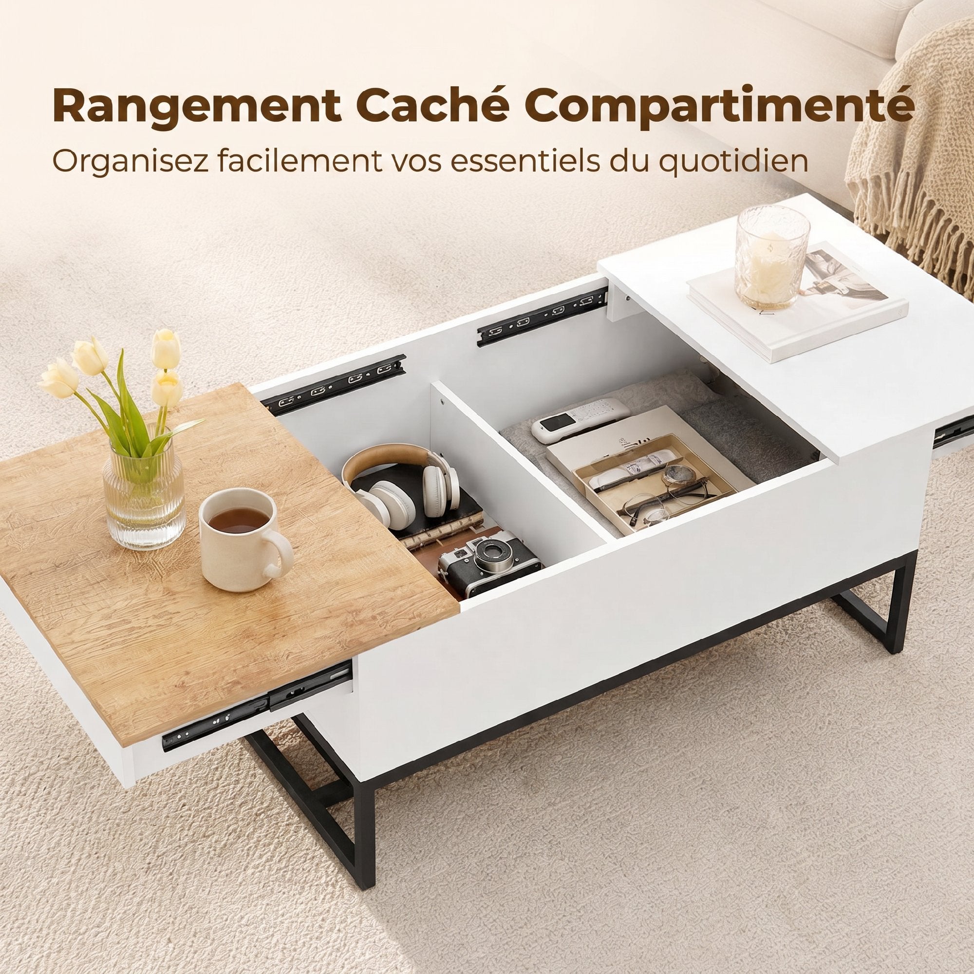 Table Basse Extensible avec Plateau Coulissant, Table de Salon avec Rangement Caché et Pieds en Acier, Style Moderne, pour Chambre, Séjour et Bureau, 100 x 50 x 45 cm, Blanc