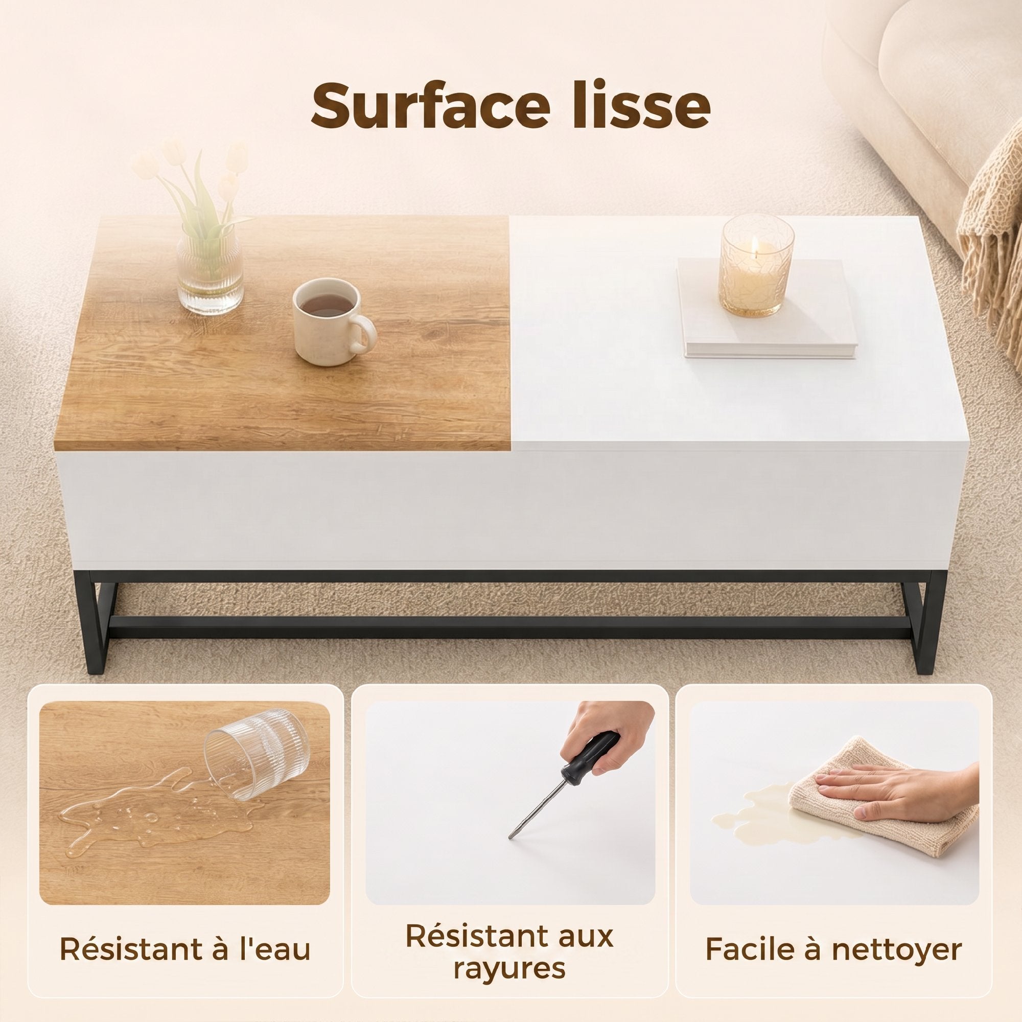 Table Basse Extensible avec Plateau Coulissant, Table de Salon avec Rangement Caché et Pieds en Acier, Style Moderne, pour Chambre, Séjour et Bureau, 100 x 50 x 45 cm, Blanc