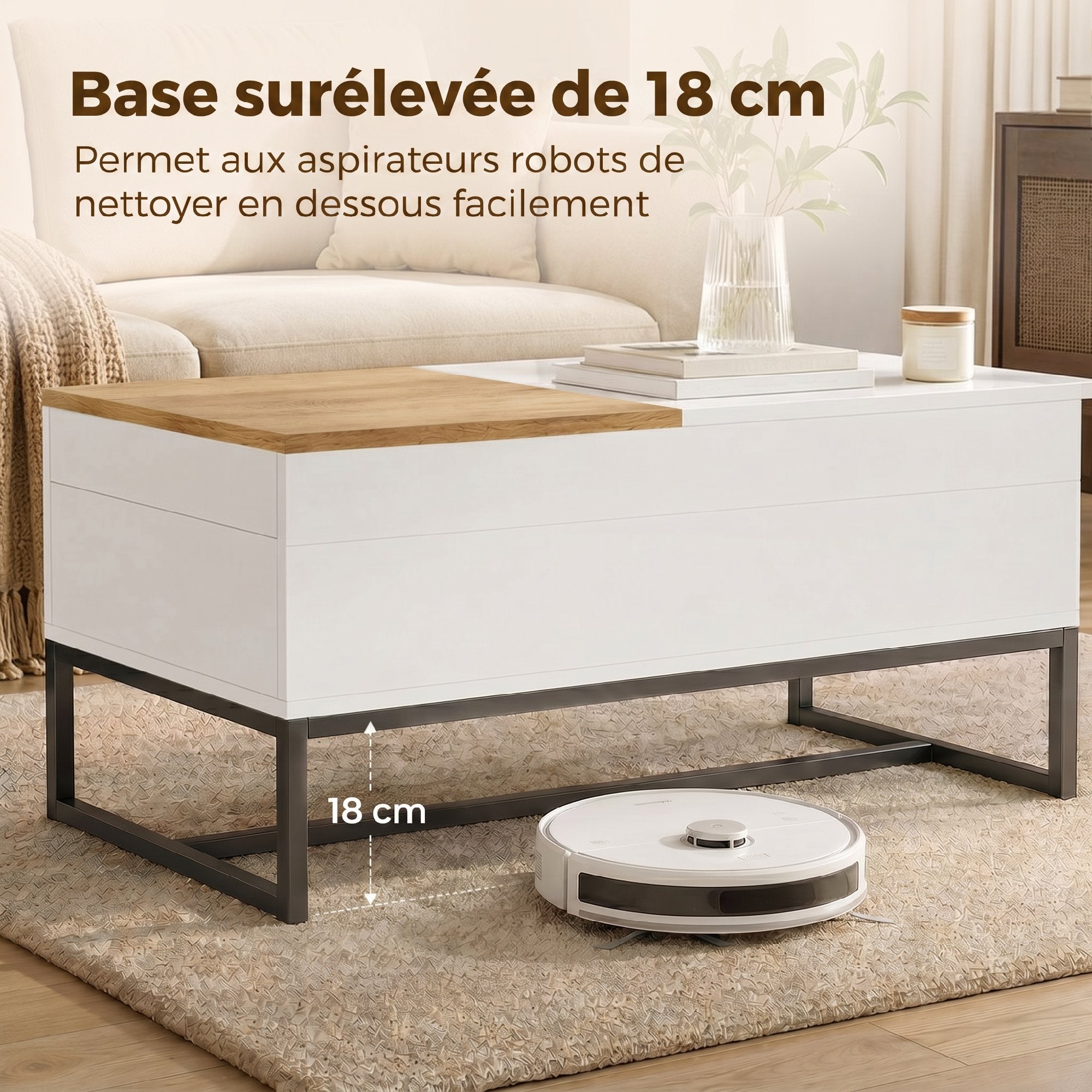 Table Basse Extensible avec Plateau Coulissant, Table de Salon avec Rangement Caché et Pieds en Acier, Style Moderne, pour Chambre, Séjour et Bureau, 100 x 50 x 45 cm, Blanc
