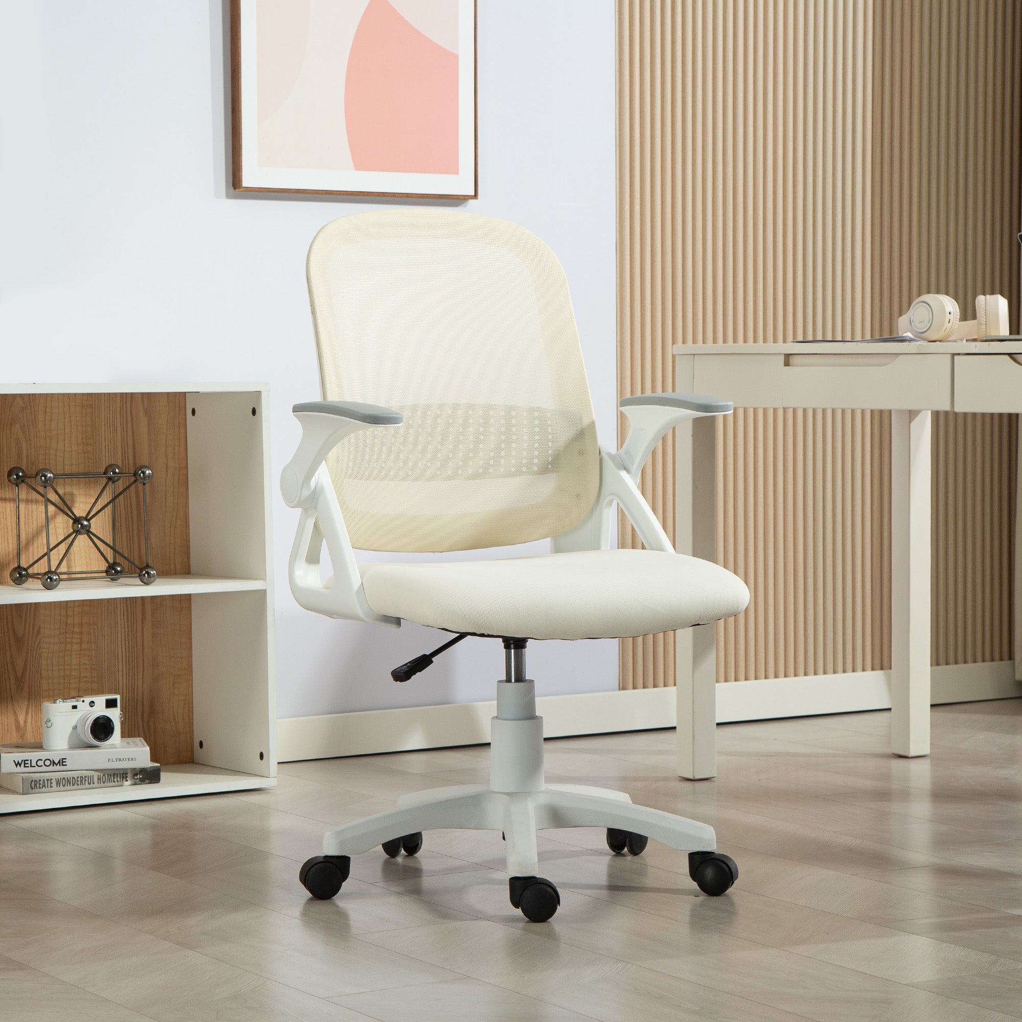 Chaise bureau ergonomique, fauteuil de bureau en maille avec accoudoirs relevables, hauteur réglable, soutien lombaire et pivotant à 360°, 57,5 x 60 x 101 cm, blanc