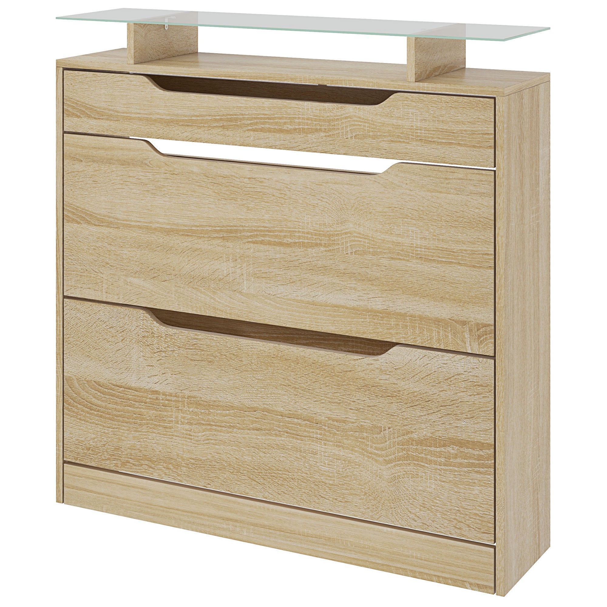 Armoire à Chaussures avec 2 tiroirs rabattables + 1 tiroir Coulissant + 1 comptoir et 1 Plateau en Verre étagère réglable sur 2 Niveaux 89 x 23 x 96 cm chêne