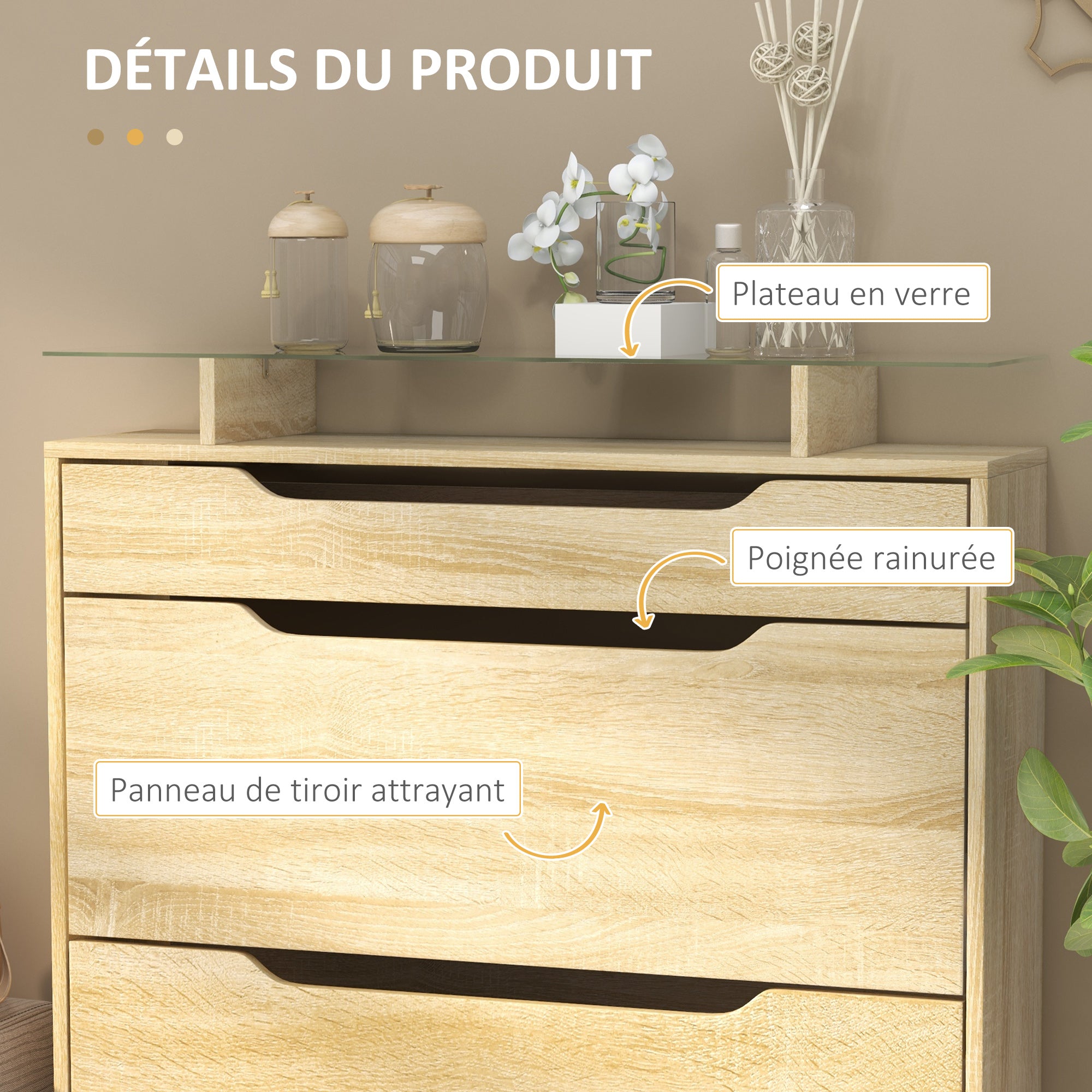 Armoire à Chaussures avec 2 tiroirs rabattables + 1 tiroir Coulissant + 1 comptoir et 1 Plateau en Verre étagère réglable sur 2 Niveaux 89 x 23 x 96 cm chêne