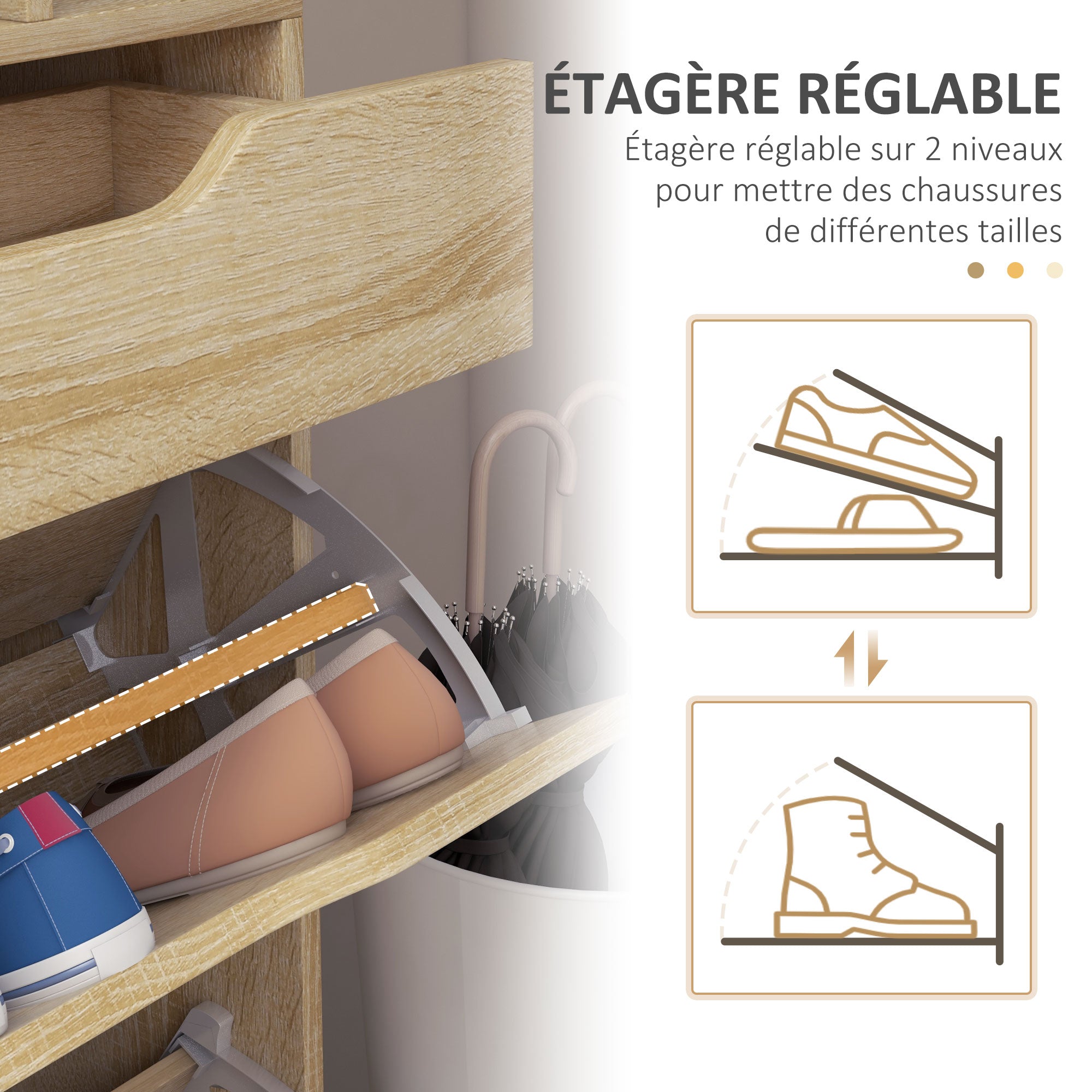 Armoire à Chaussures avec 2 tiroirs rabattables + 1 tiroir Coulissant + 1 comptoir et 1 Plateau en Verre étagère réglable sur 2 Niveaux 89 x 23 x 96 cm chêne