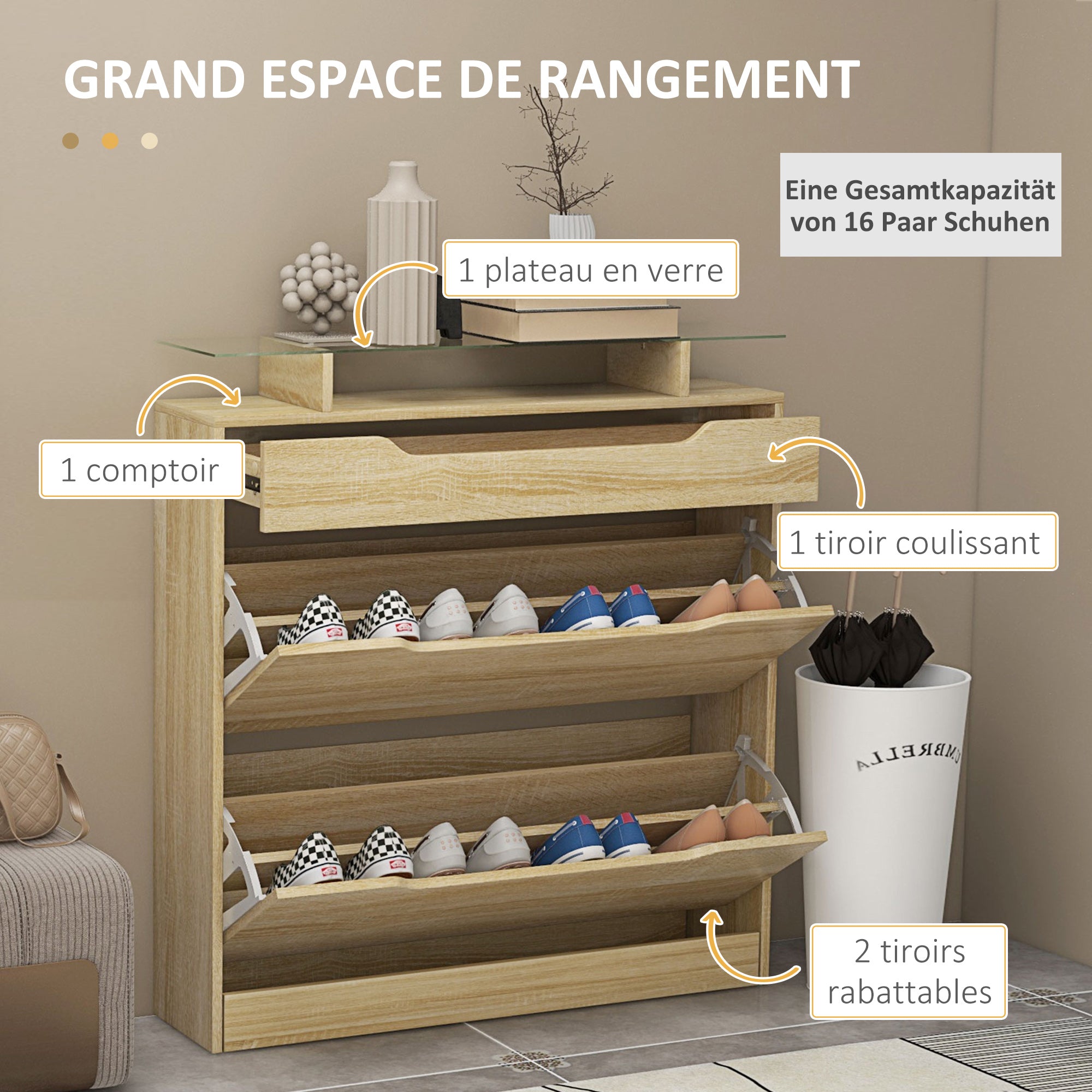 Armoire à Chaussures avec 2 tiroirs rabattables + 1 tiroir Coulissant + 1 comptoir et 1 Plateau en Verre étagère réglable sur 2 Niveaux 89 x 23 x 96 cm chêne