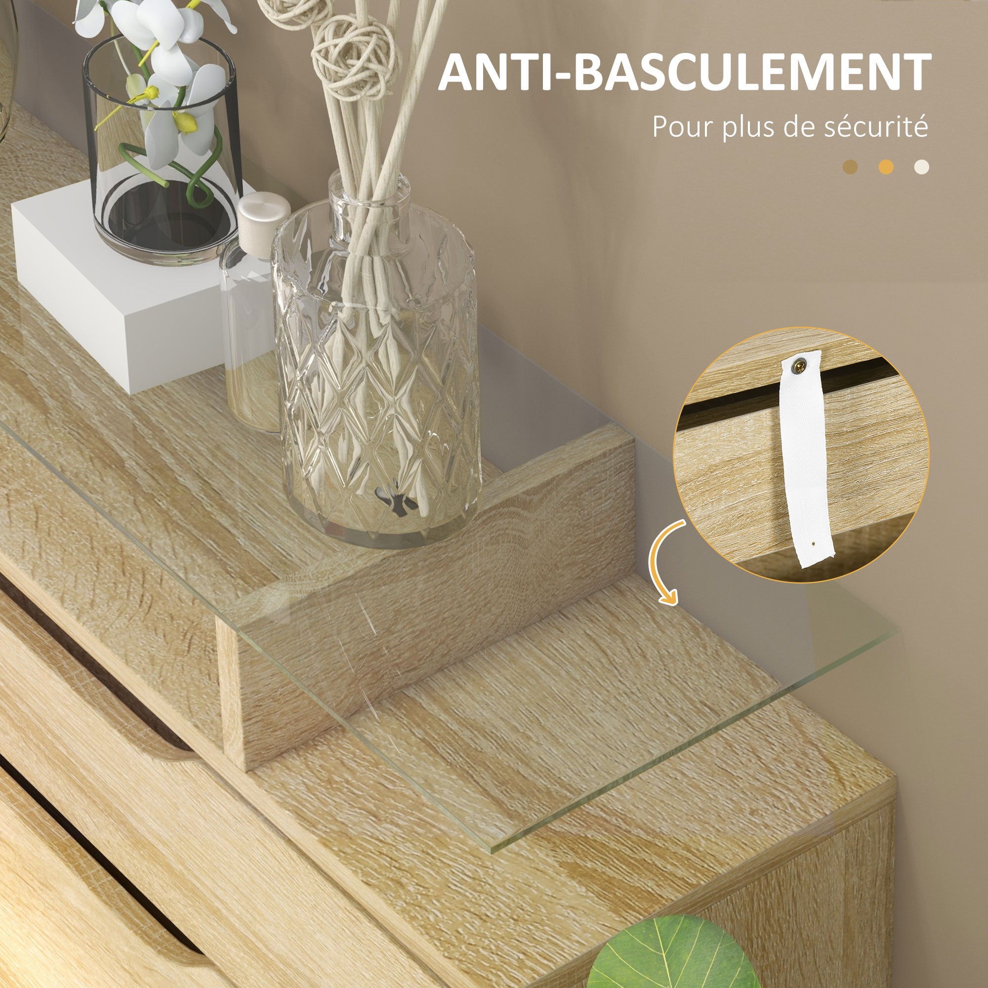 Armoire à Chaussures avec 2 tiroirs rabattables + 1 tiroir Coulissant + 1 comptoir et 1 Plateau en Verre étagère réglable sur 2 Niveaux 89 x 23 x 96 cm chêne