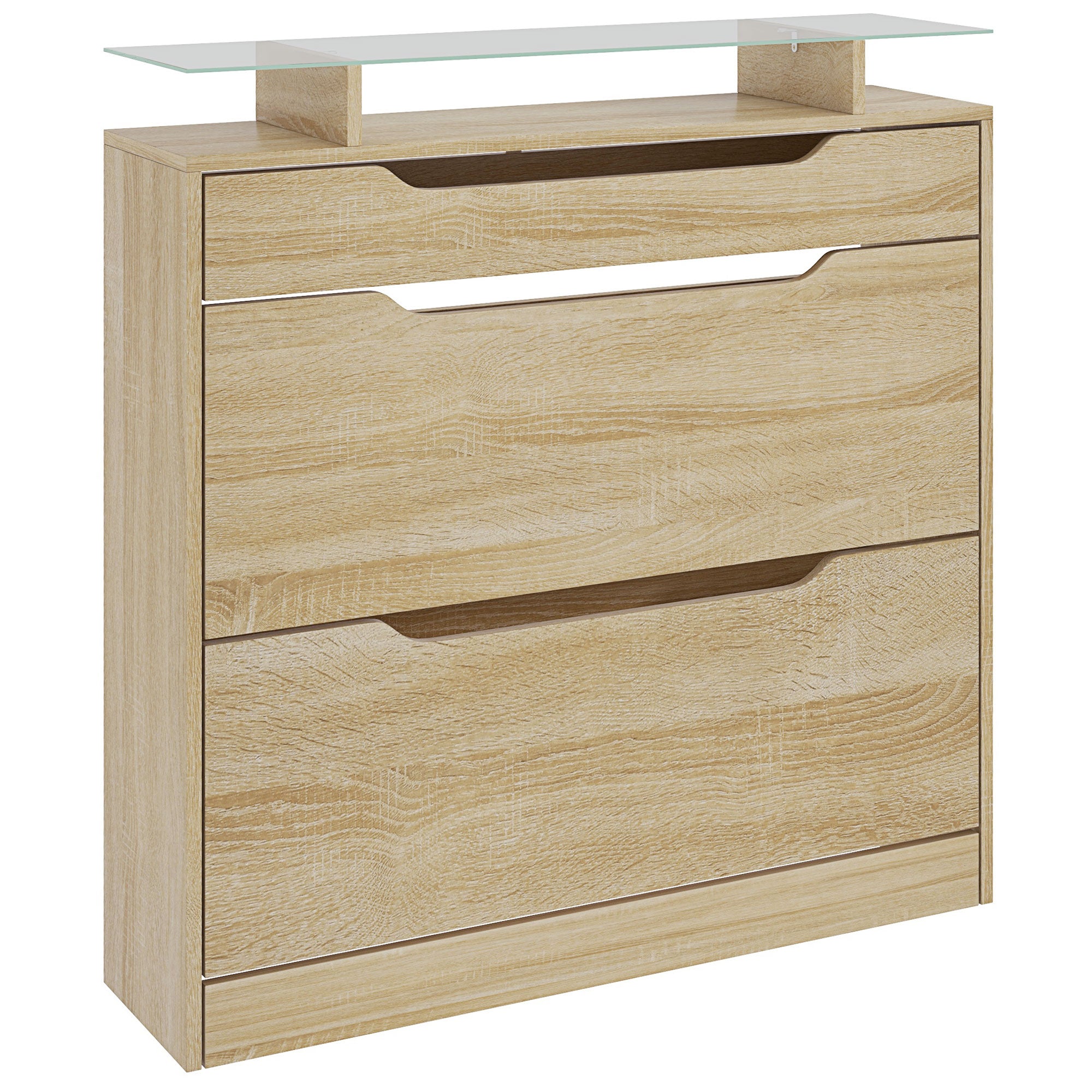 Armoire à Chaussures avec 2 tiroirs rabattables + 1 tiroir Coulissant + 1 comptoir et 1 Plateau en Verre étagère réglable sur 2 Niveaux 89 x 23 x 96 cm chêne