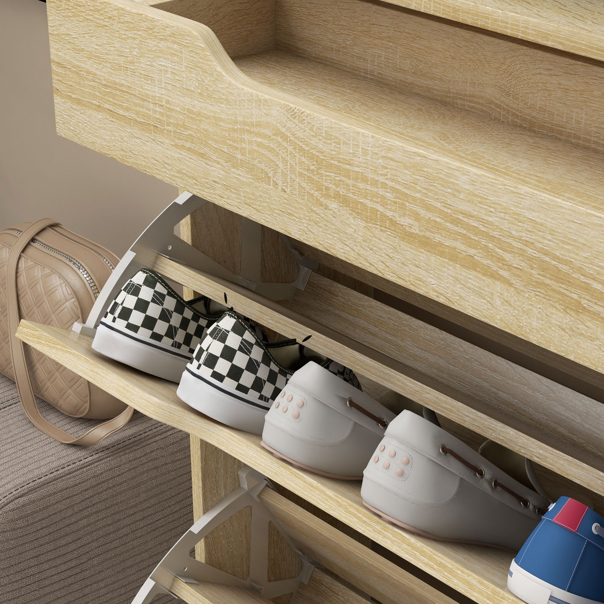 Armoire à Chaussures avec 2 tiroirs rabattables + 1 tiroir Coulissant + 1 comptoir et 1 Plateau en Verre étagère réglable sur 2 Niveaux 89 x 23 x 96 cm chêne