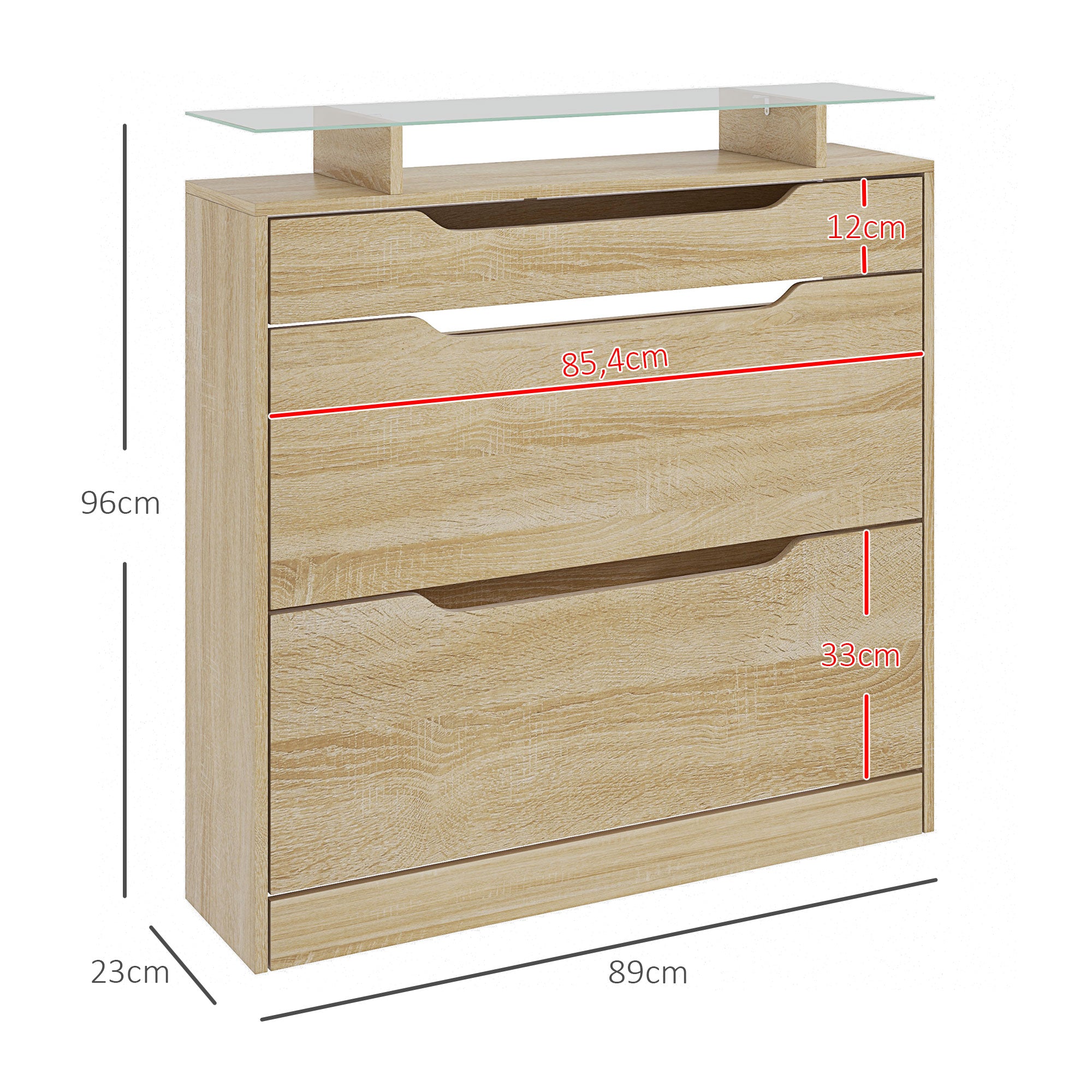 Armoire à Chaussures avec 2 tiroirs rabattables + 1 tiroir Coulissant + 1 comptoir et 1 Plateau en Verre étagère réglable sur 2 Niveaux 89 x 23 x 96 cm chêne
