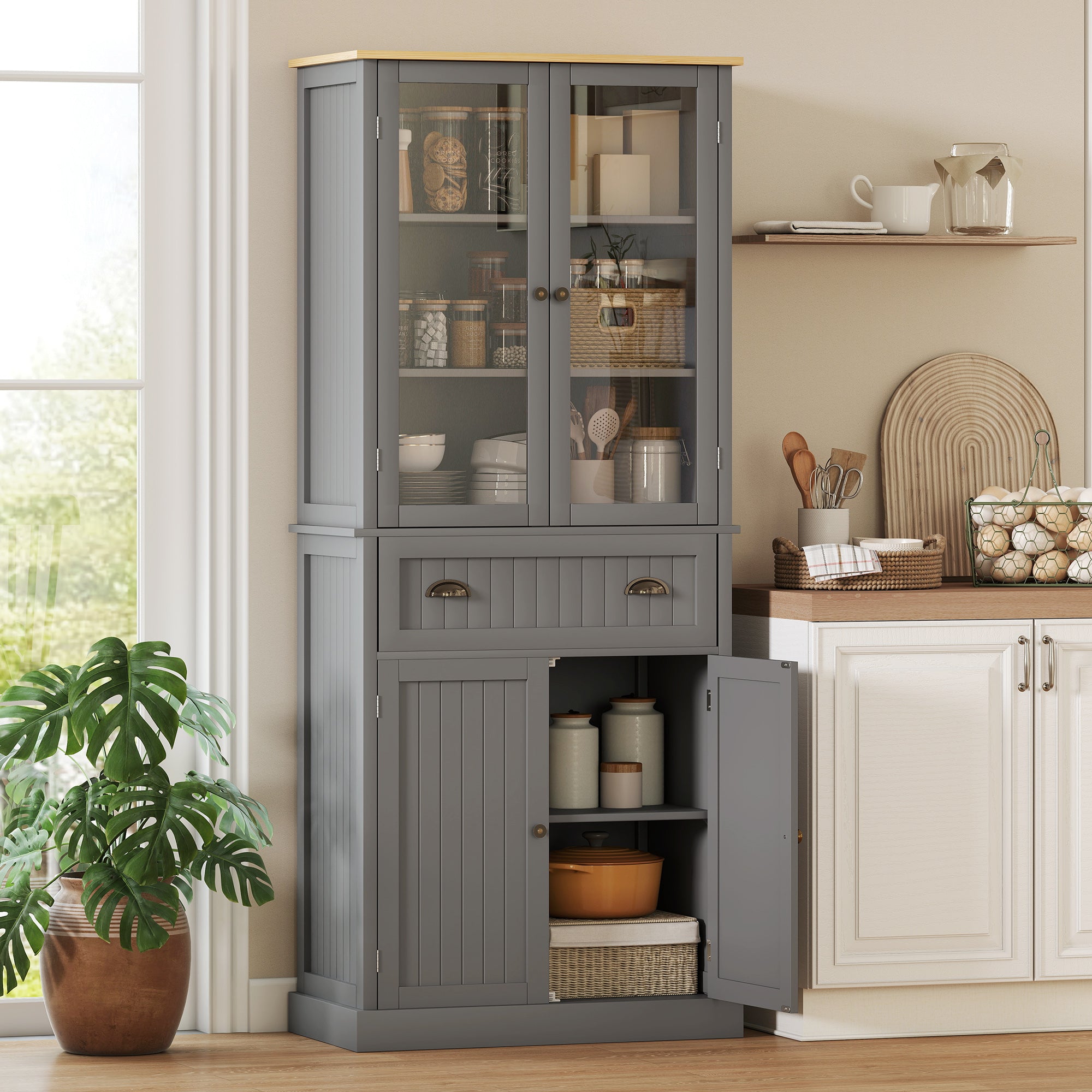 Buffet meuble cuisine rangement armoire de cuisine 4 portes dont 2 portes vitrées et 1 tiroir hauteur 182,5 cm avec étagères réglables - gris