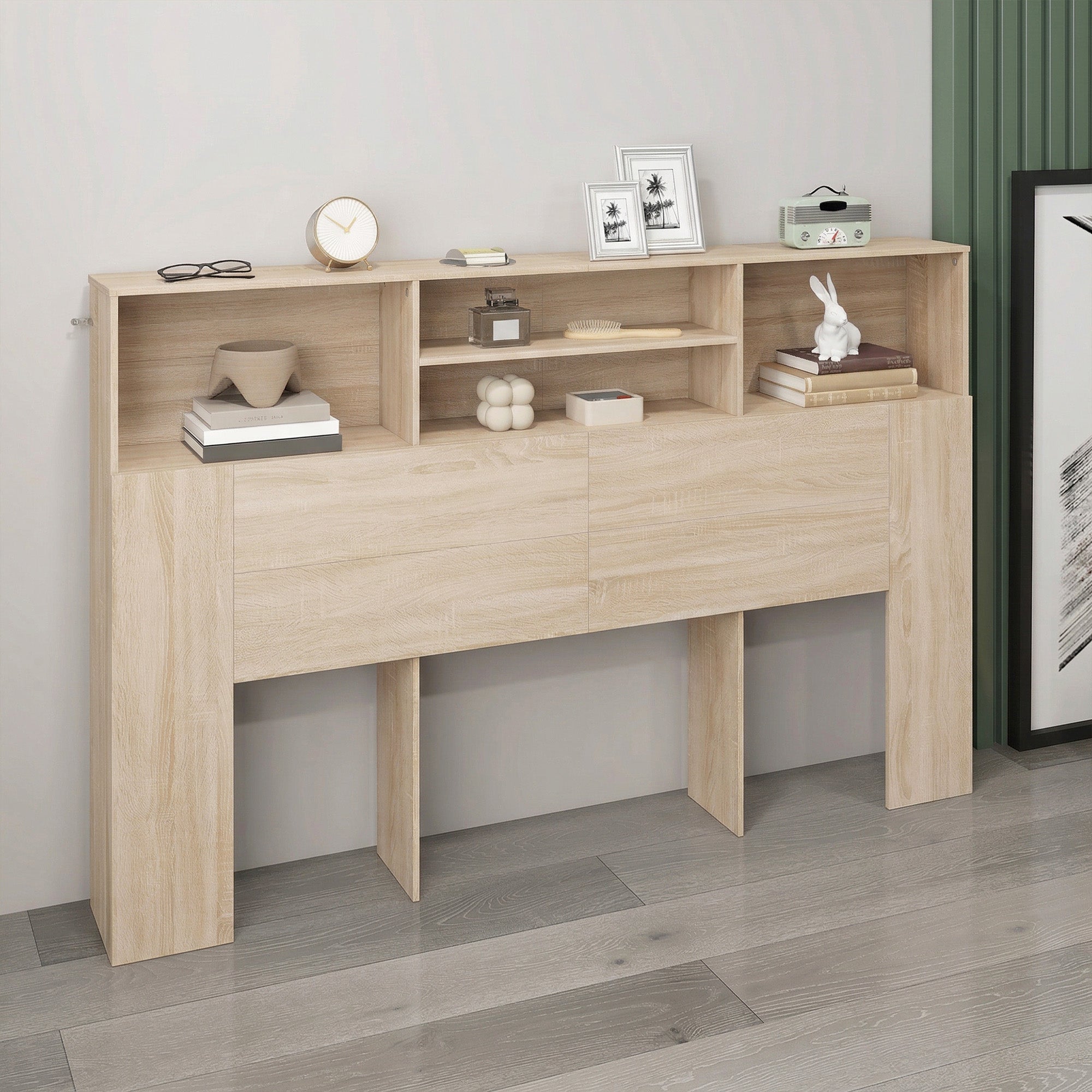 Tête de lit sur pied 160 cm avec rangements, accessoire de lit moderne avec 4 compartiments ouverts pour chambre, 160 x 20,2 x 108,2 cm, bois naturel