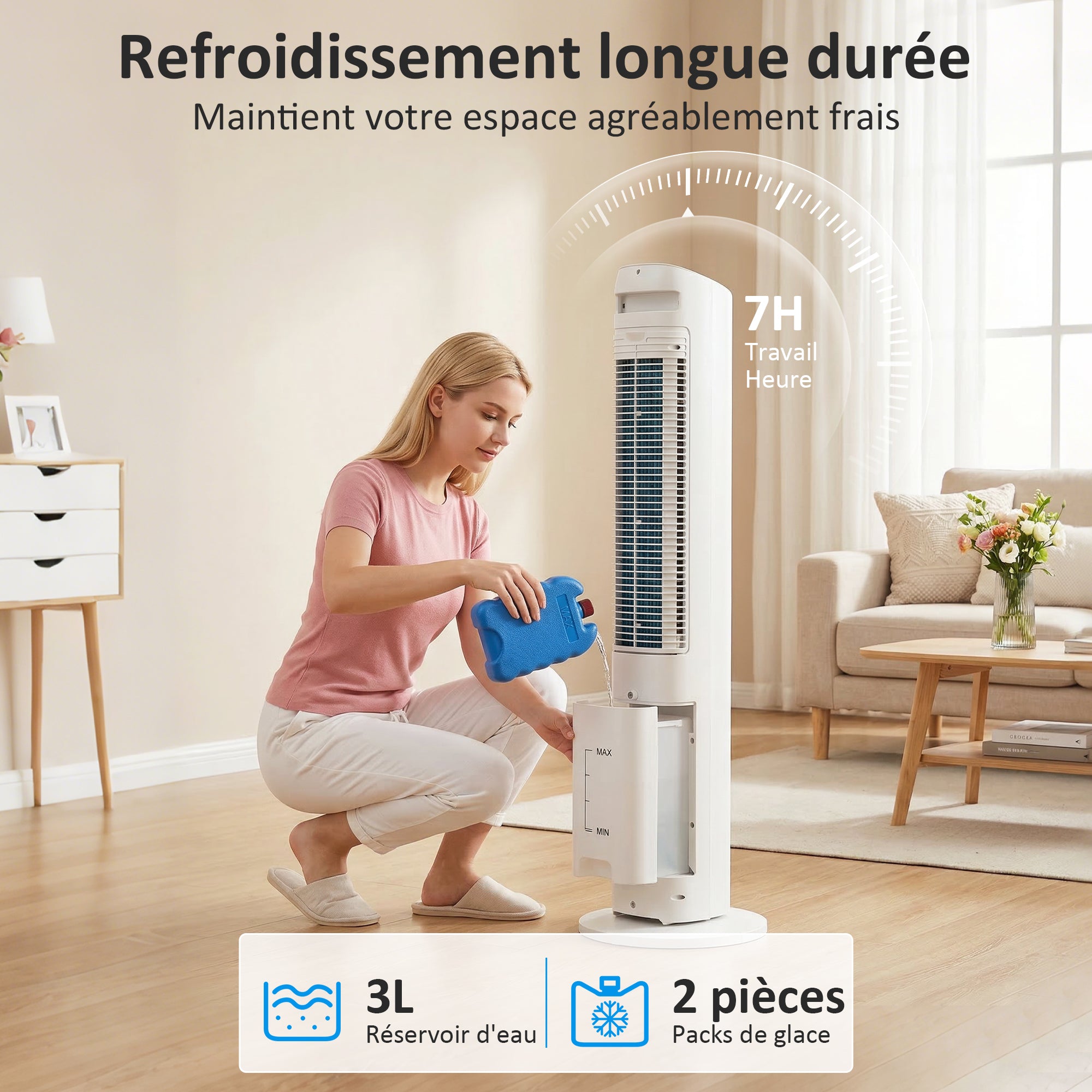 Refroidisseur d'air colonne 3 en 1 refroidisseur humidificateur et ventilateur, oscillation 48°, 3 vitesses 3 modes, réservoir d'eau 3L, blocs de glace, télécommande, pour chambre bureau, blanc
