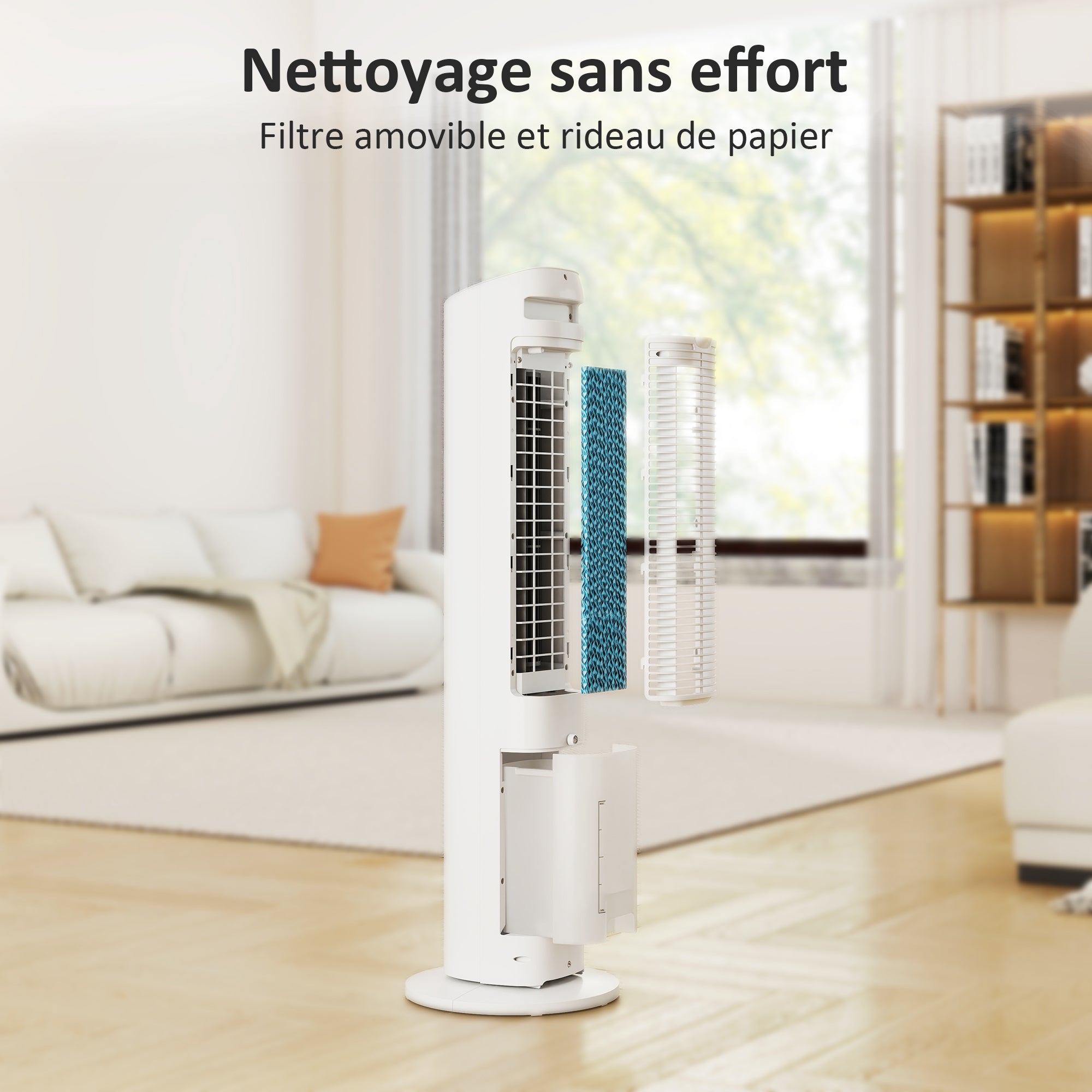 Refroidisseur d'air colonne 3 en 1 refroidisseur humidificateur et ventilateur, oscillation 48°, 3 vitesses 3 modes, réservoir d'eau 3L, blocs de glace, télécommande, pour chambre bureau, blanc