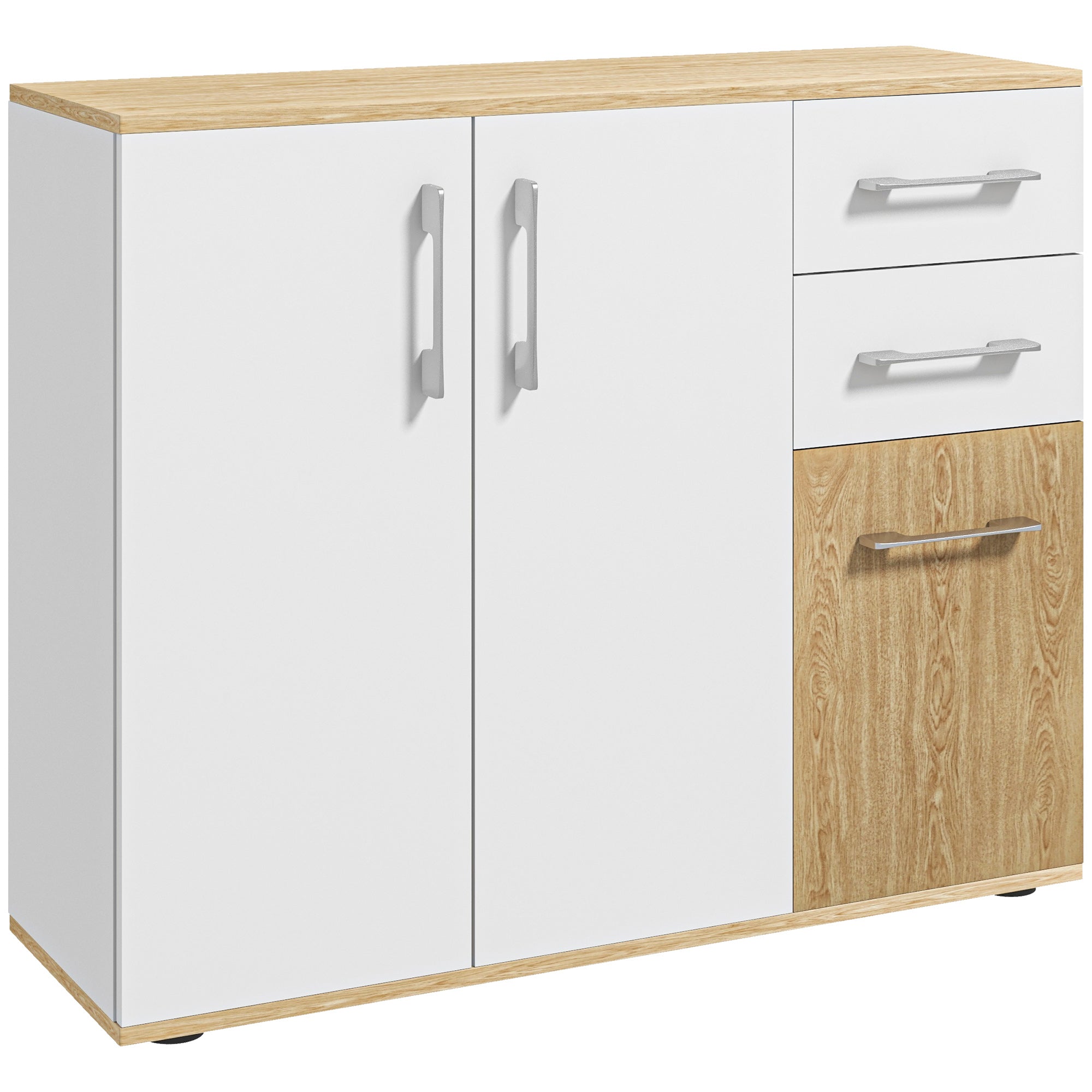 Buffet salon, meuble de rangement avec 3 portes, 2 tiroirs et étagère réglable, style moderne, buffet salle à manger, cuisine et salon, 90 x 30 x 75,5 cm, blanc et bois naturel