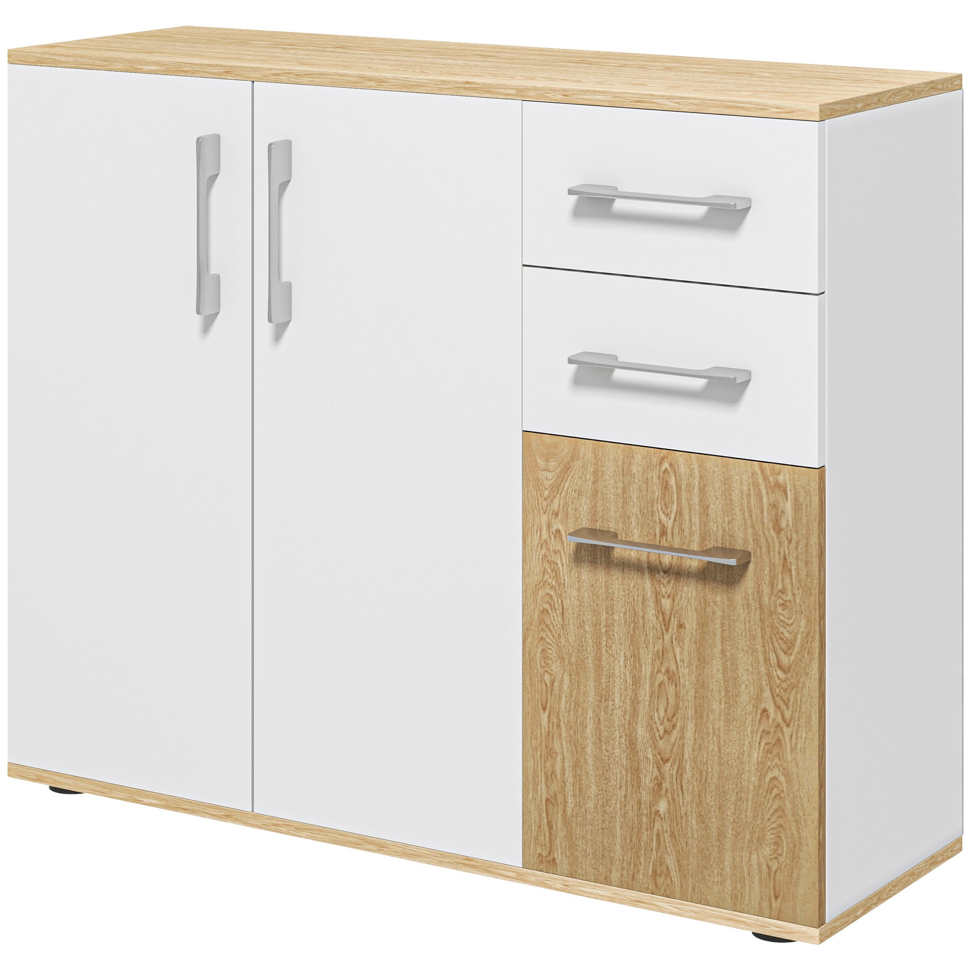 Buffet salon, meuble de rangement avec 3 portes, 2 tiroirs et étagère réglable, style moderne, buffet salle à manger, cuisine et salon, 90 x 30 x 75,5 cm, blanc et bois naturel