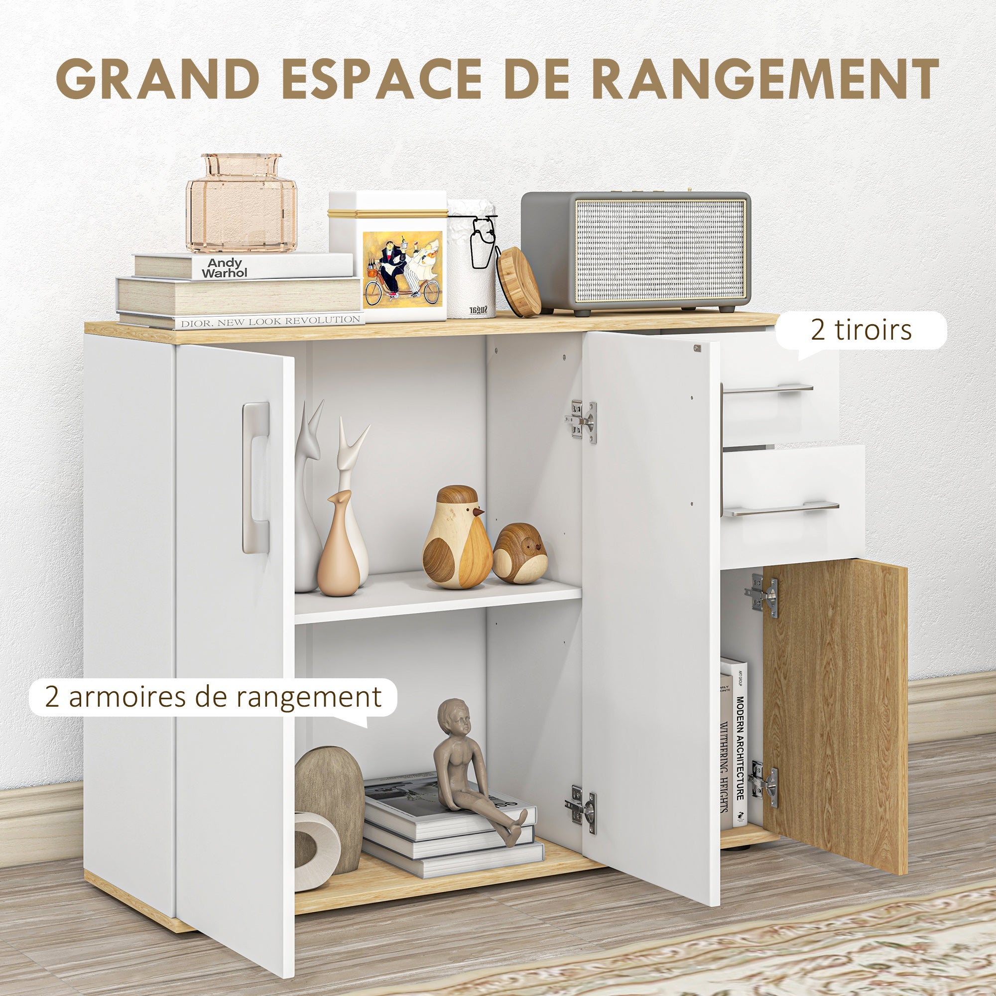Buffet salon, meuble de rangement avec 3 portes, 2 tiroirs et étagère réglable, style moderne, buffet salle à manger, cuisine et salon, 90 x 30 x 75,5 cm, blanc et bois naturel