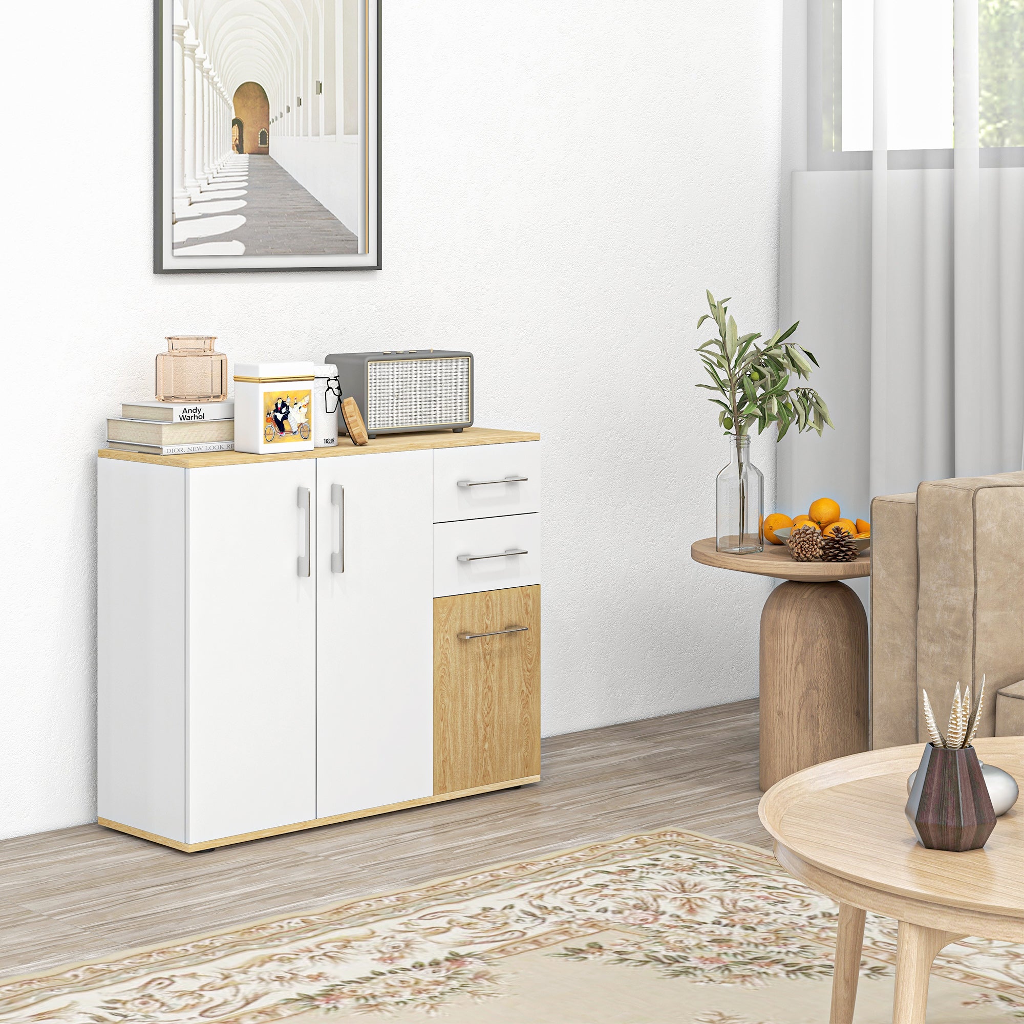 Buffet salon, meuble de rangement avec 3 portes, 2 tiroirs et étagère réglable, style moderne, buffet salle à manger, cuisine et salon, 90 x 30 x 75,5 cm, blanc et bois naturel