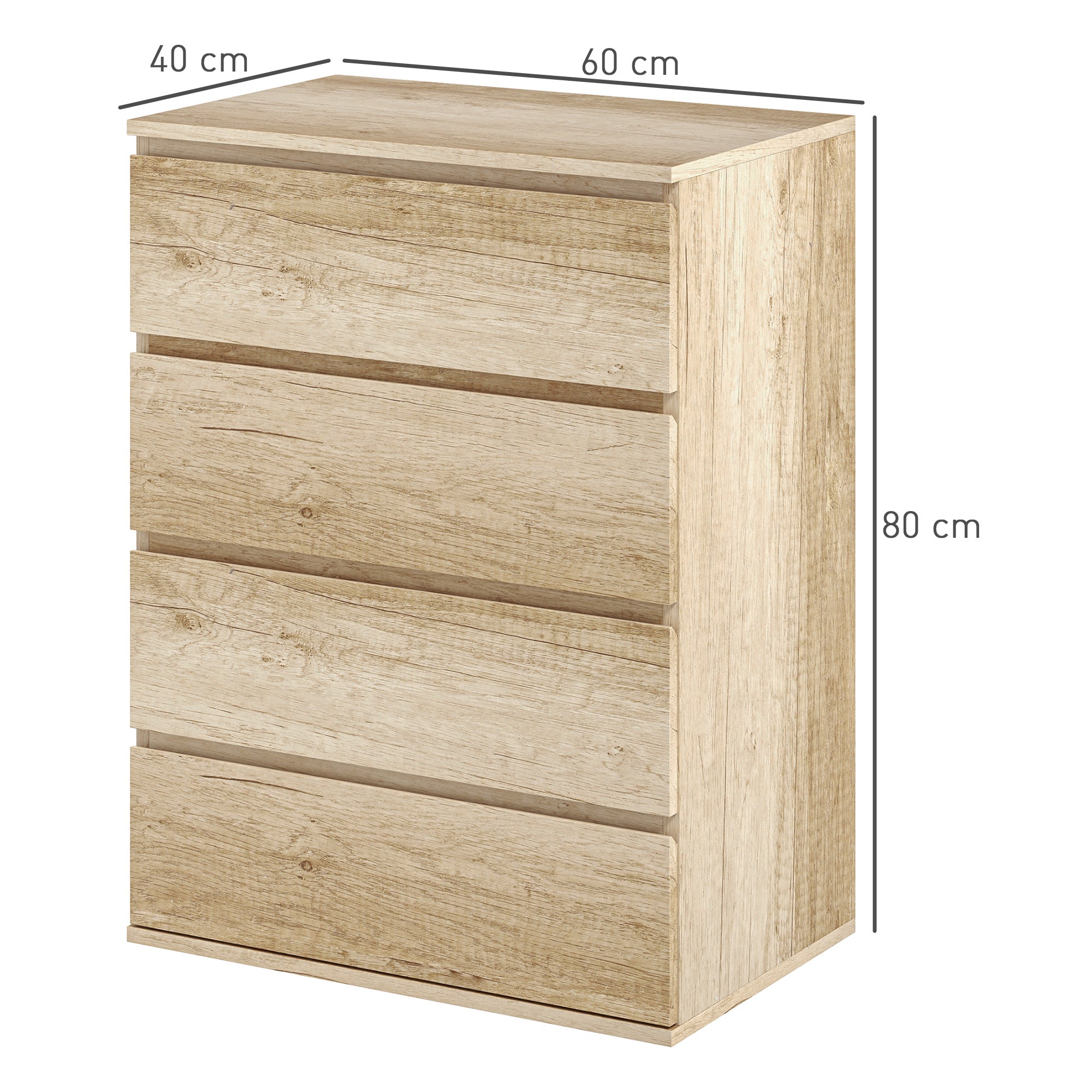 Commode 4 tiroirs commode chambre meuble de rangement épuré style moderne avec mécanisme de fermeture en douceur, pour chambre à coucher, salon - 60 x 40 x 80 cm, bois naturel