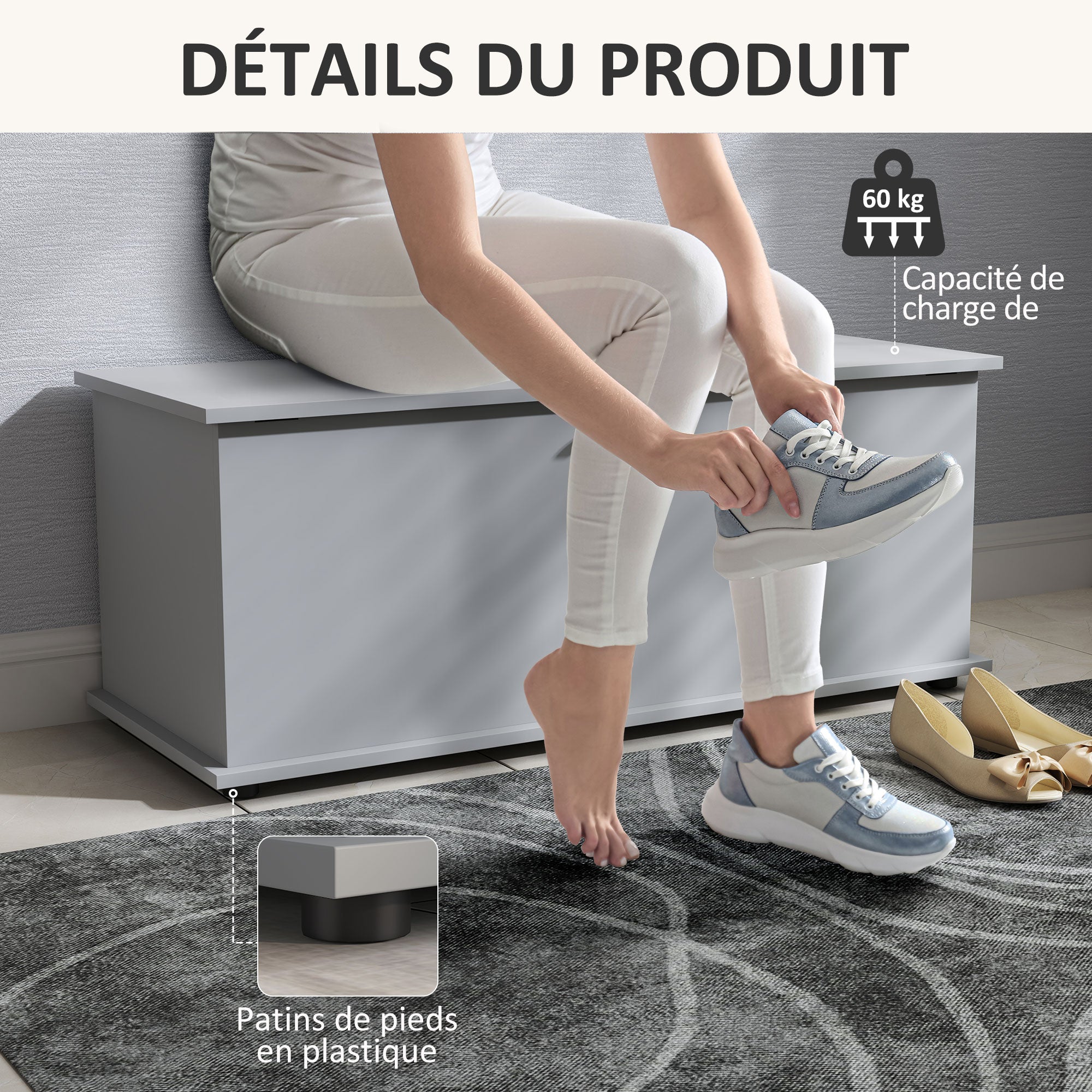 Coffre de rangement, banc de rangement avec couvercle rabattable et charnières de sécurité, banc chaussures, meuble d'entrée, couloir, chambre, salon, 100 x 40 x 40 cm, gris