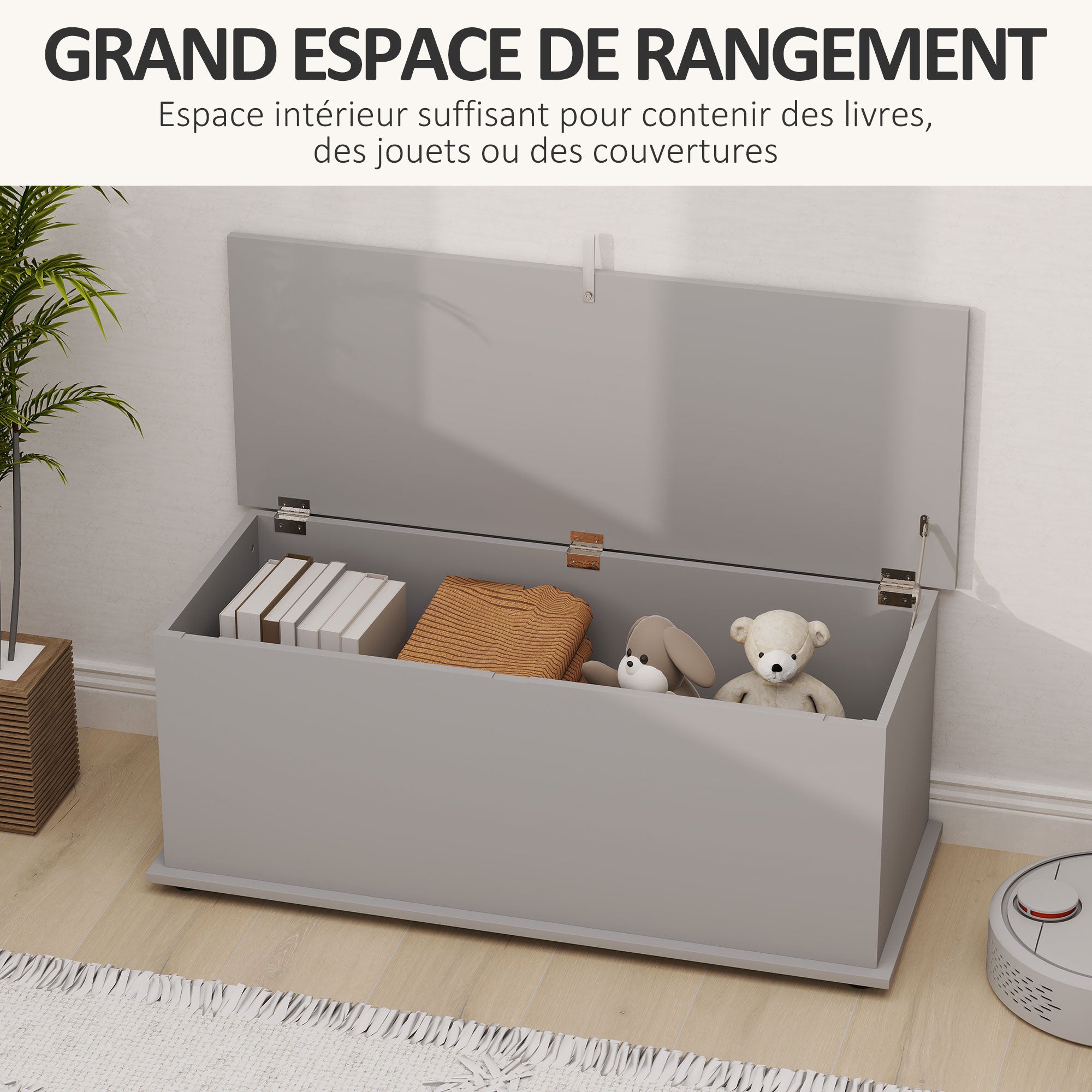 Coffre de rangement, banc de rangement avec couvercle rabattable et charnières de sécurité, banc chaussures, meuble d'entrée, couloir, chambre, salon, 100 x 40 x 40 cm, gris