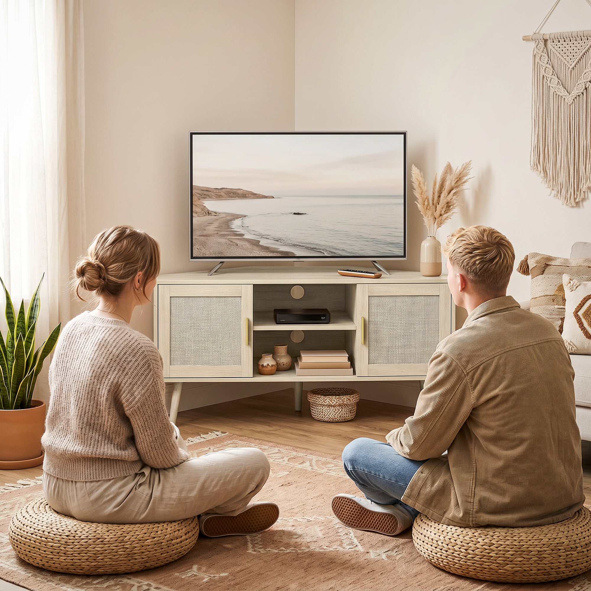 Meuble TV d'Angle 115 cm, Meuble Télé pour Téléviseur jusqu'à 65 Pouces avec 2 Portes en Rotin et 2 Compartiments Ouverts, Pieds en Bois de Pin, Style Bohème, Banc TV pour Salon, Chambre, Chêne