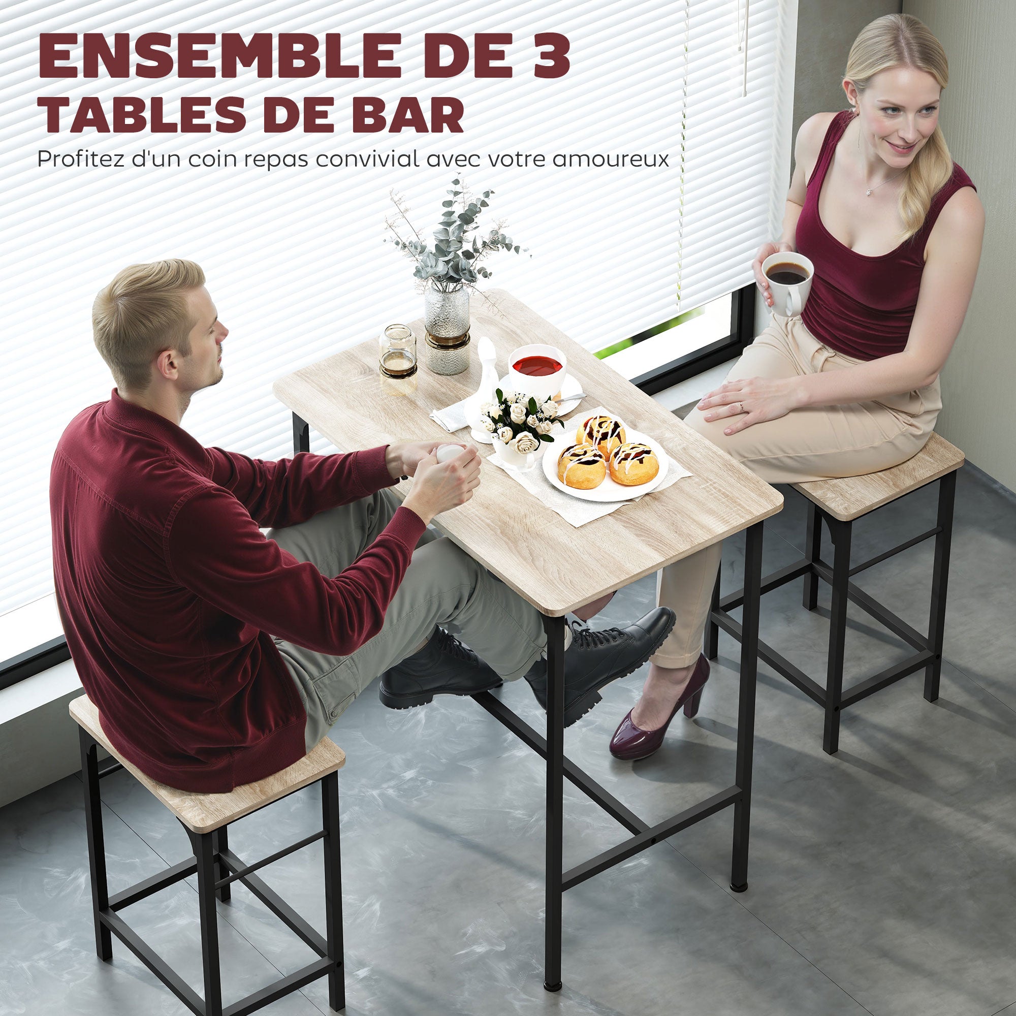 Ensemble table de bar avec tabourets, table à manger debout avec 2 chaises de bar, cadre en acier pour cuisine, salle à manger et salon, effet bois naturel