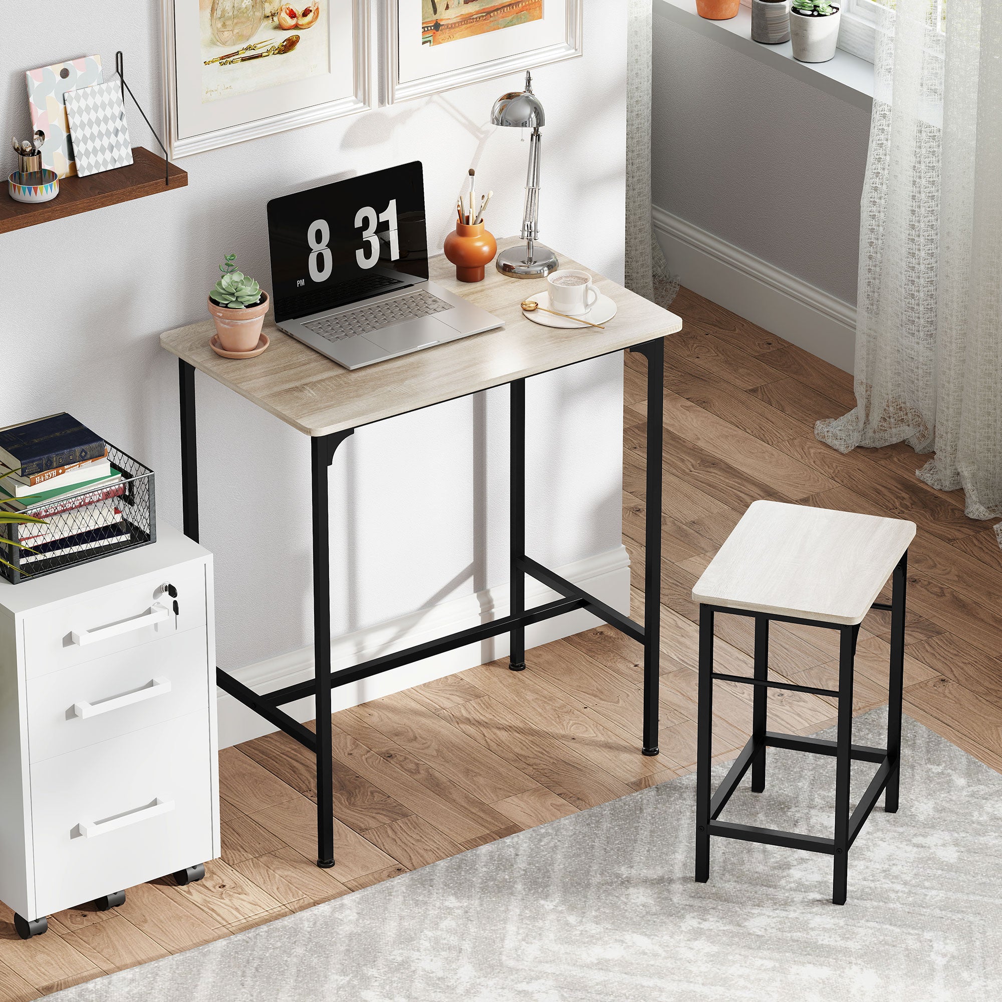 Ensemble table de bar avec tabourets, table à manger debout avec 2 chaises de bar, cadre en acier pour cuisine, salle à manger et salon, effet bois naturel