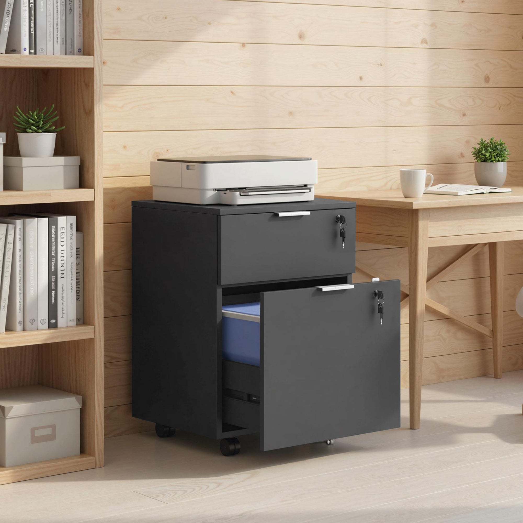 Caisson de bureau, meuble de rangement 2 tiroirs 2 barres de suspension dossier suspendu, verrouillable 2 clés, 4 roulettes 42x40x60 cm noir
