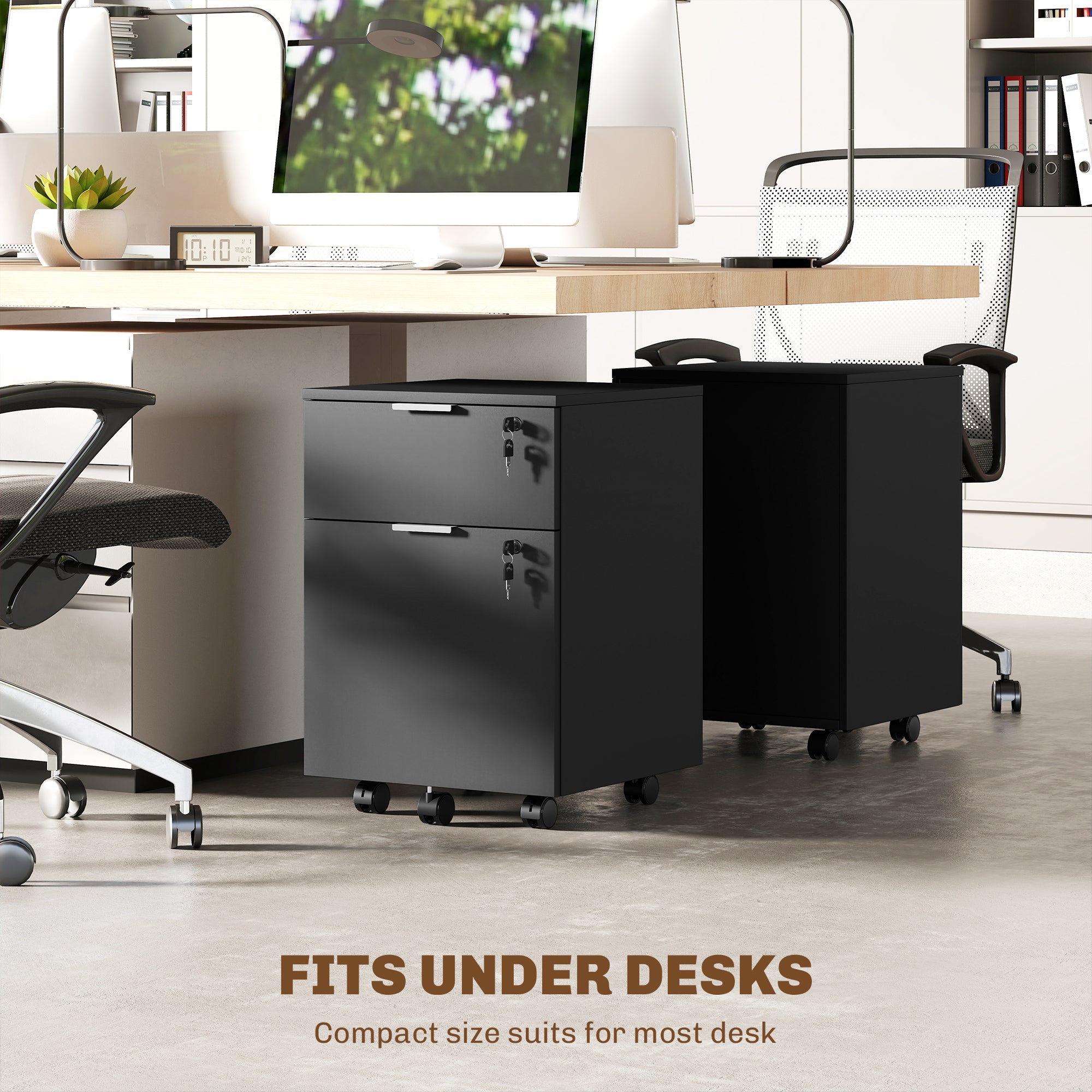 Caisson de bureau, meuble de rangement 2 tiroirs 2 barres de suspension dossier suspendu, verrouillable 2 clés, 4 roulettes 42x40x60 cm noir