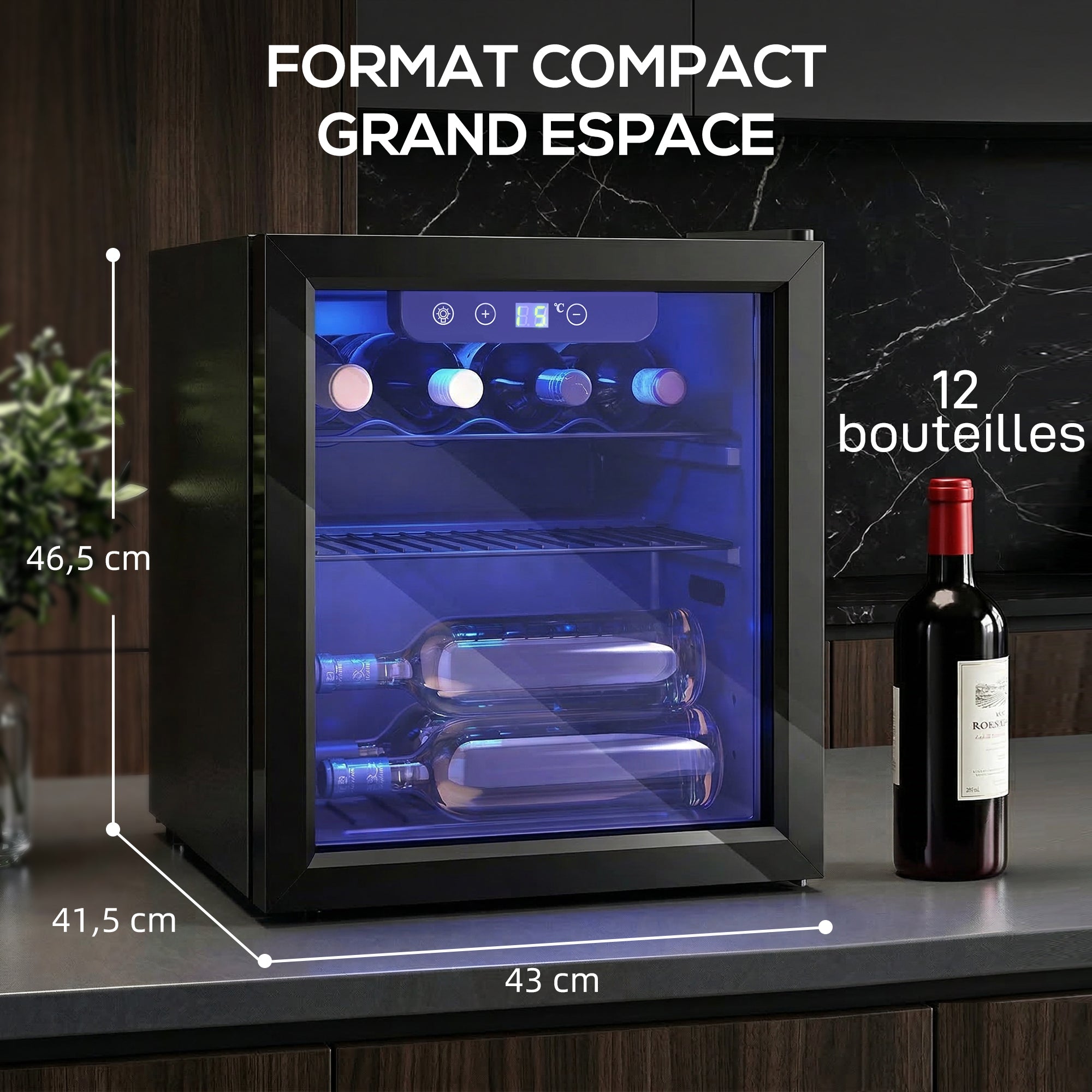 Cave à vin 12 bouteilles 36L, réfrigérateur à vin et boissons avec température réglable 4-16 °C, porte réversible en verre trempé double, éclairage LED et étagère amovible, noir