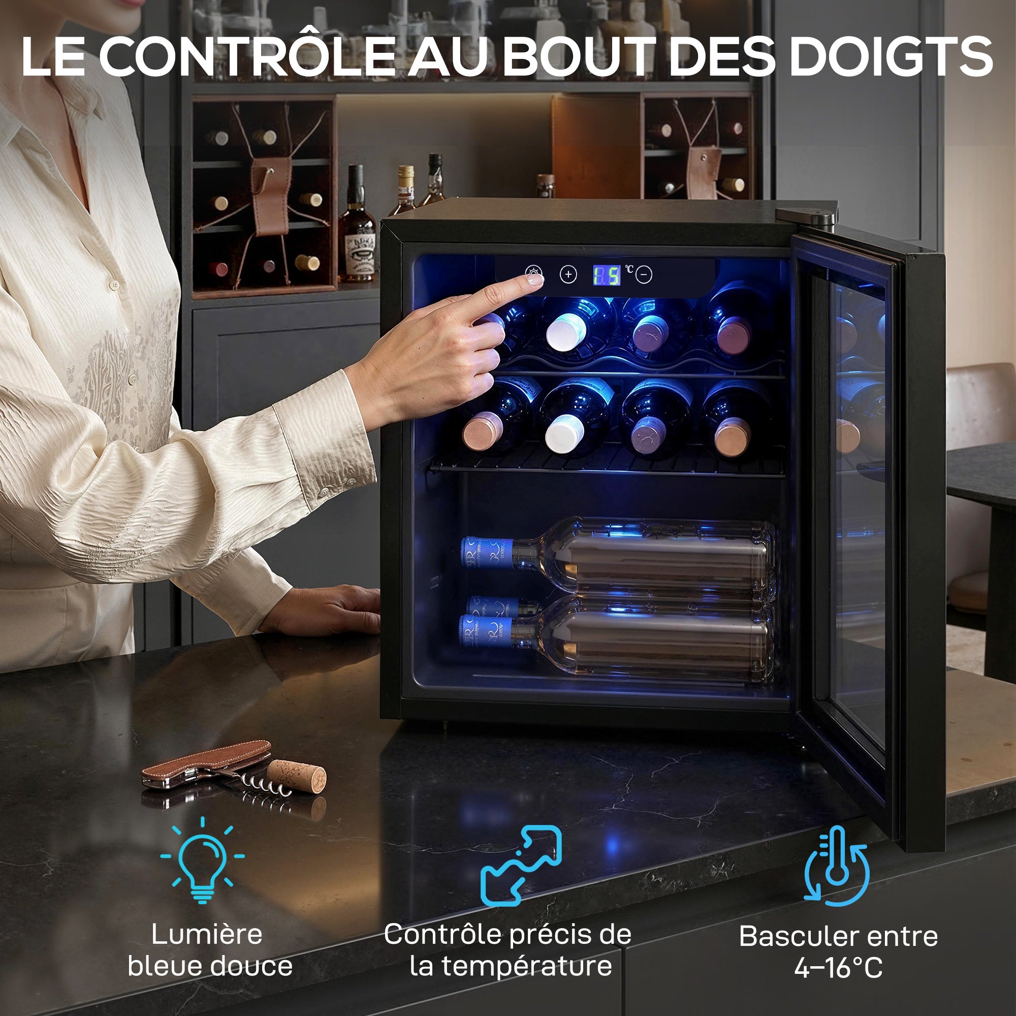 Cave à vin 12 bouteilles 36L, réfrigérateur à vin et boissons avec température réglable 4-16 °C, porte réversible en verre trempé double, éclairage LED et étagère amovible, noir