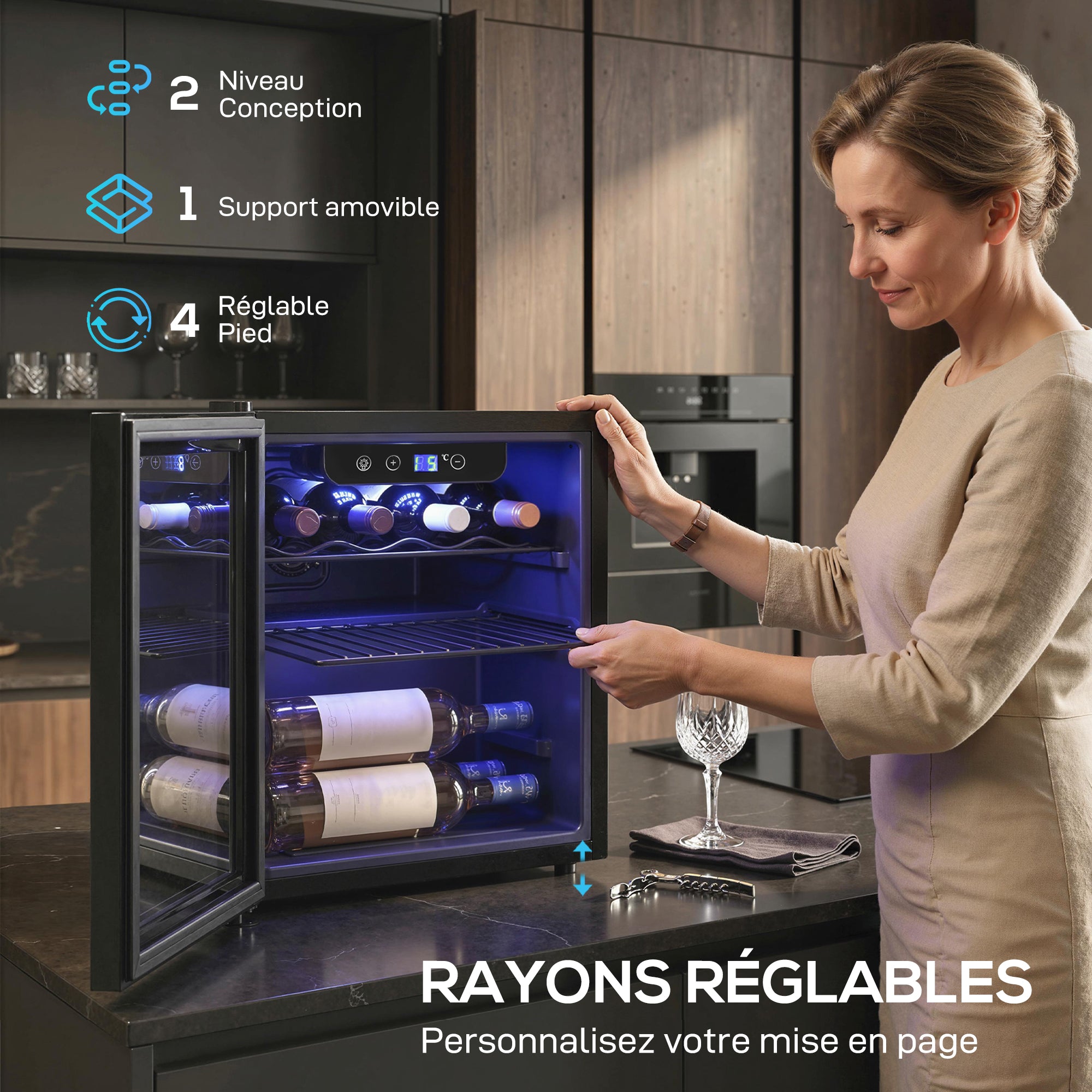 Cave à vin 12 bouteilles 36L, réfrigérateur à vin et boissons avec température réglable 4-16 °C, porte réversible en verre trempé double, éclairage LED et étagère amovible, noir