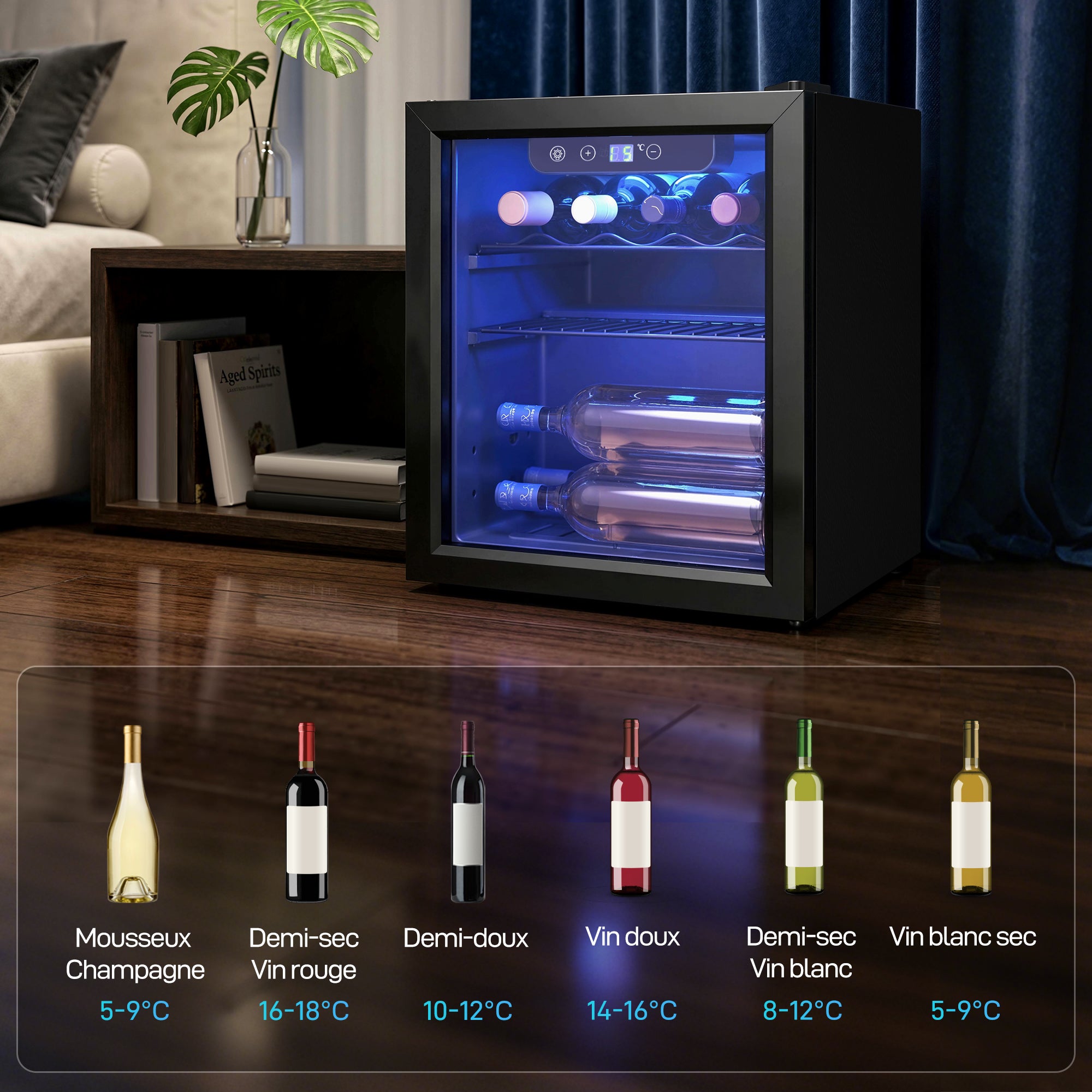 Cave à vin 12 bouteilles 36L, réfrigérateur à vin et boissons avec température réglable 4-16 °C, porte réversible en verre trempé double, éclairage LED et étagère amovible, noir