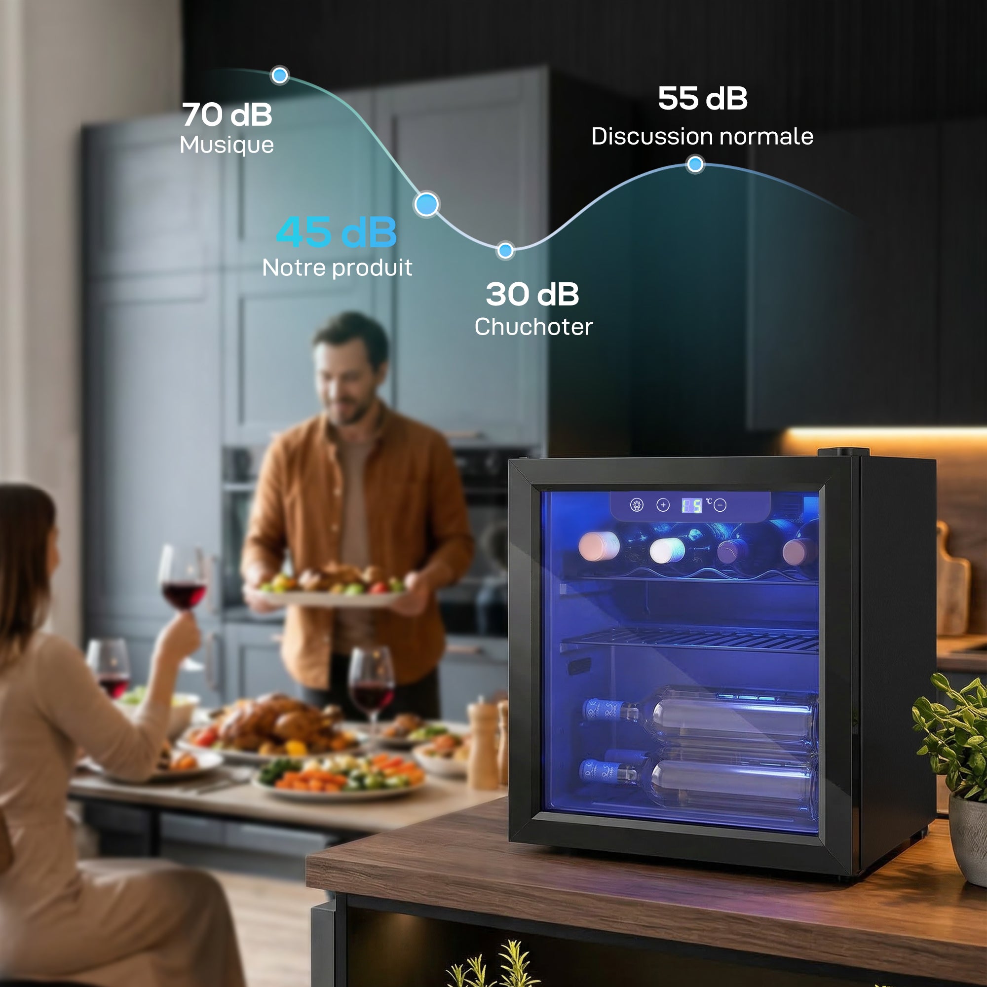 Cave à vin 12 bouteilles 36L, réfrigérateur à vin et boissons avec température réglable 4-16 °C, porte réversible en verre trempé double, éclairage LED et étagère amovible, noir