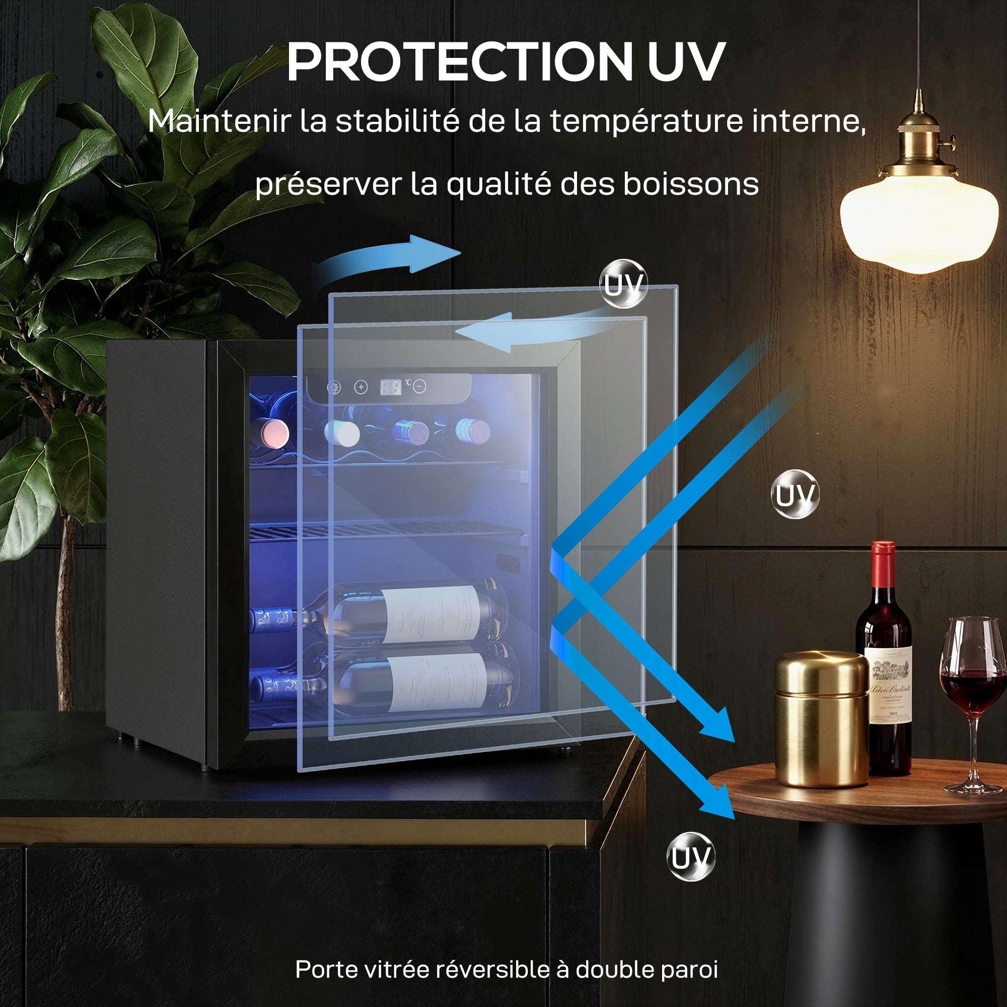 Cave à vin 12 bouteilles 36L, réfrigérateur à vin et boissons avec température réglable 4-16 °C, porte réversible en verre trempé double, éclairage LED et étagère amovible, noir