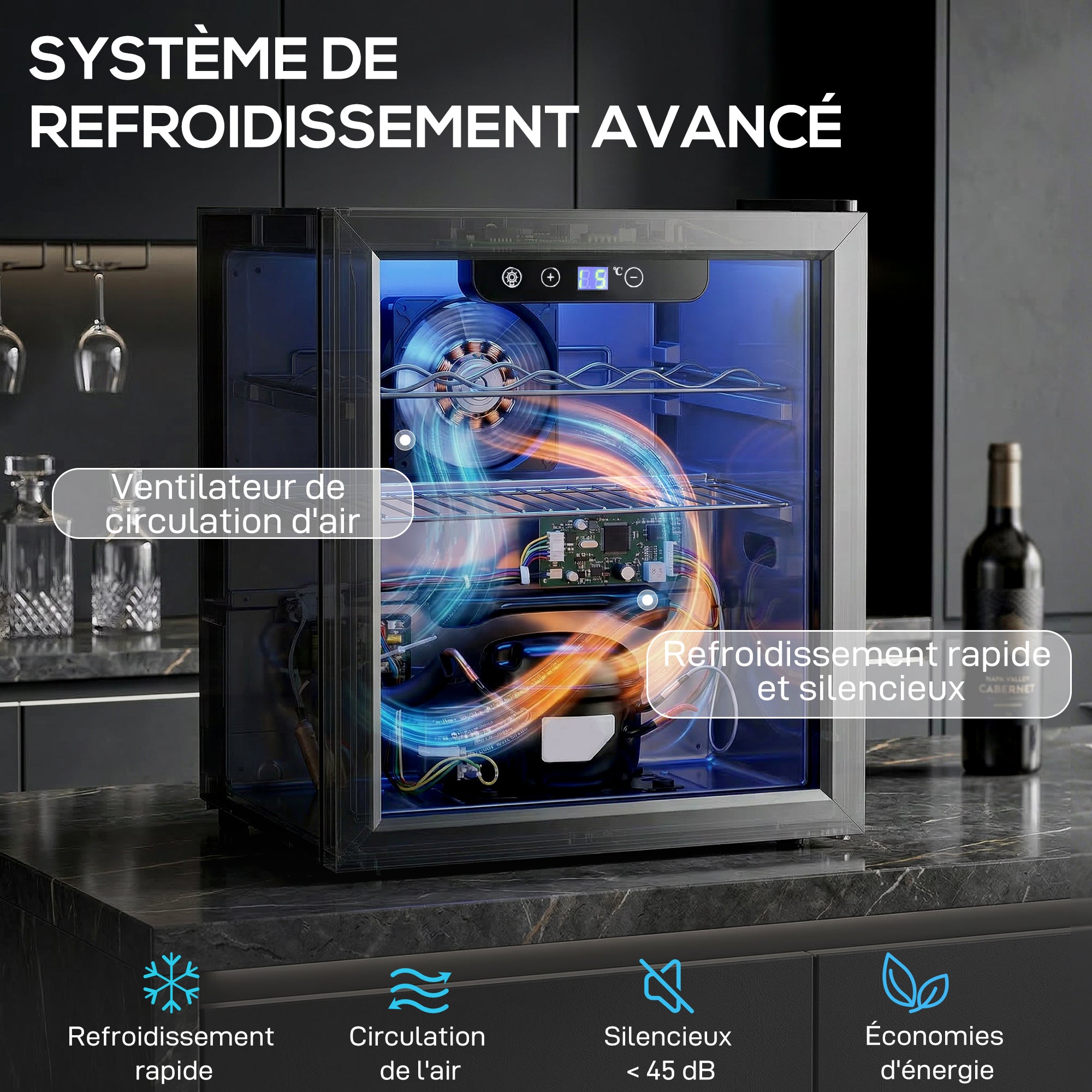 Cave à vin 12 bouteilles 36L, réfrigérateur à vin et boissons avec température réglable 4-16 °C, porte réversible en verre trempé double, éclairage LED et étagère amovible, noir