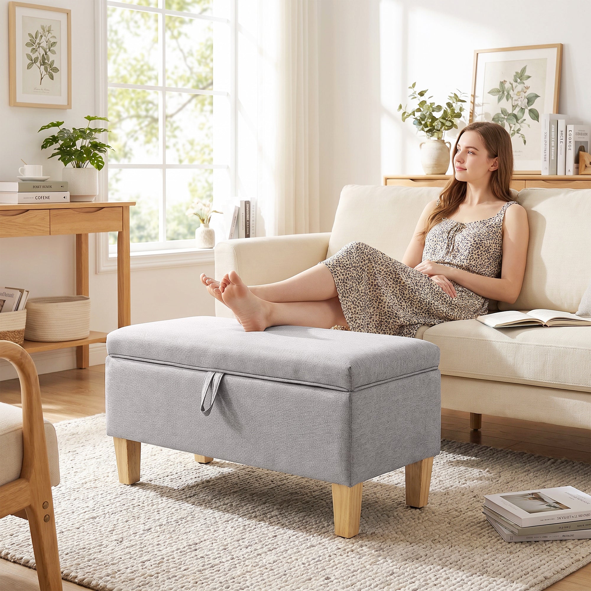 Banc de rangement, bout de lit, repose-pieds rembourré en lin avec pieds en bois de caoutchouc, pour salon, chambre, entrée, 71 x 37 x 36 cm, gris clair