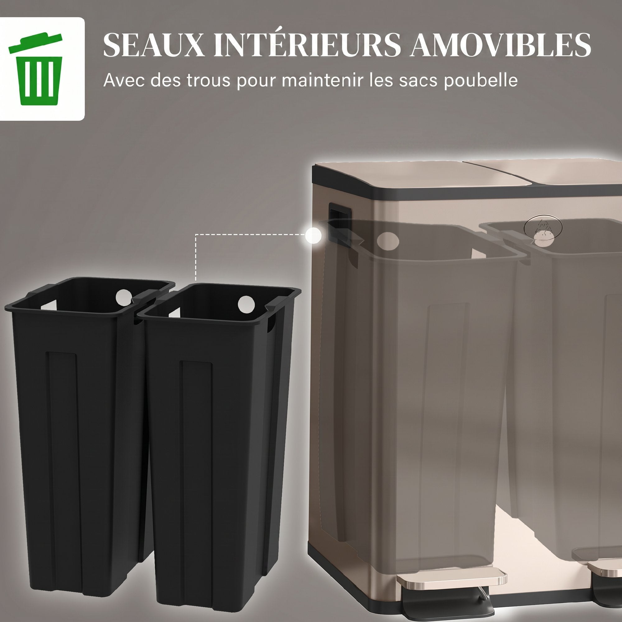 Poubelle à double compartiment 2x20L, poubelle de cuisine à pédale en acier inoxydable, seaux intérieurs amovibles, couvercle à fermeture douce maintien en ouverture, anti traces, or