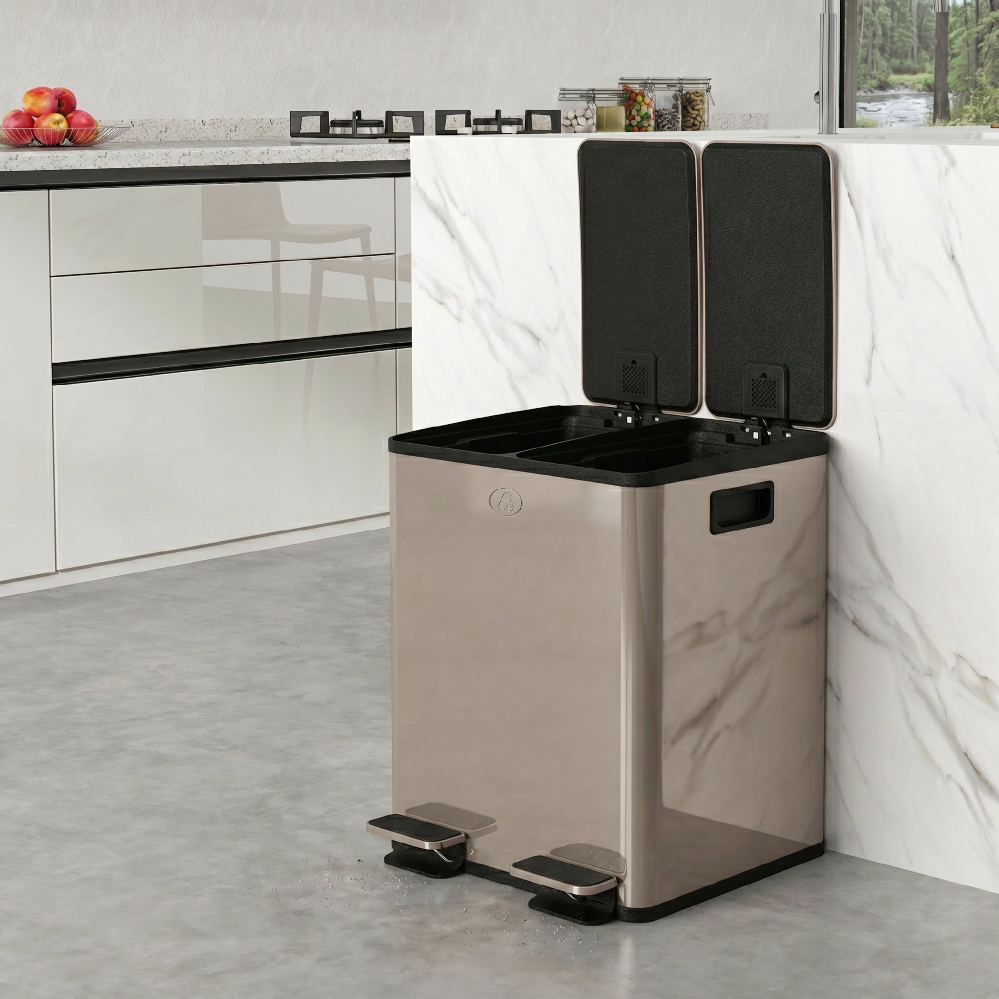 Poubelle à double compartiment 2x20L, poubelle de cuisine à pédale en acier inoxydable, seaux intérieurs amovibles, couvercle à fermeture douce maintien en ouverture, anti traces, or