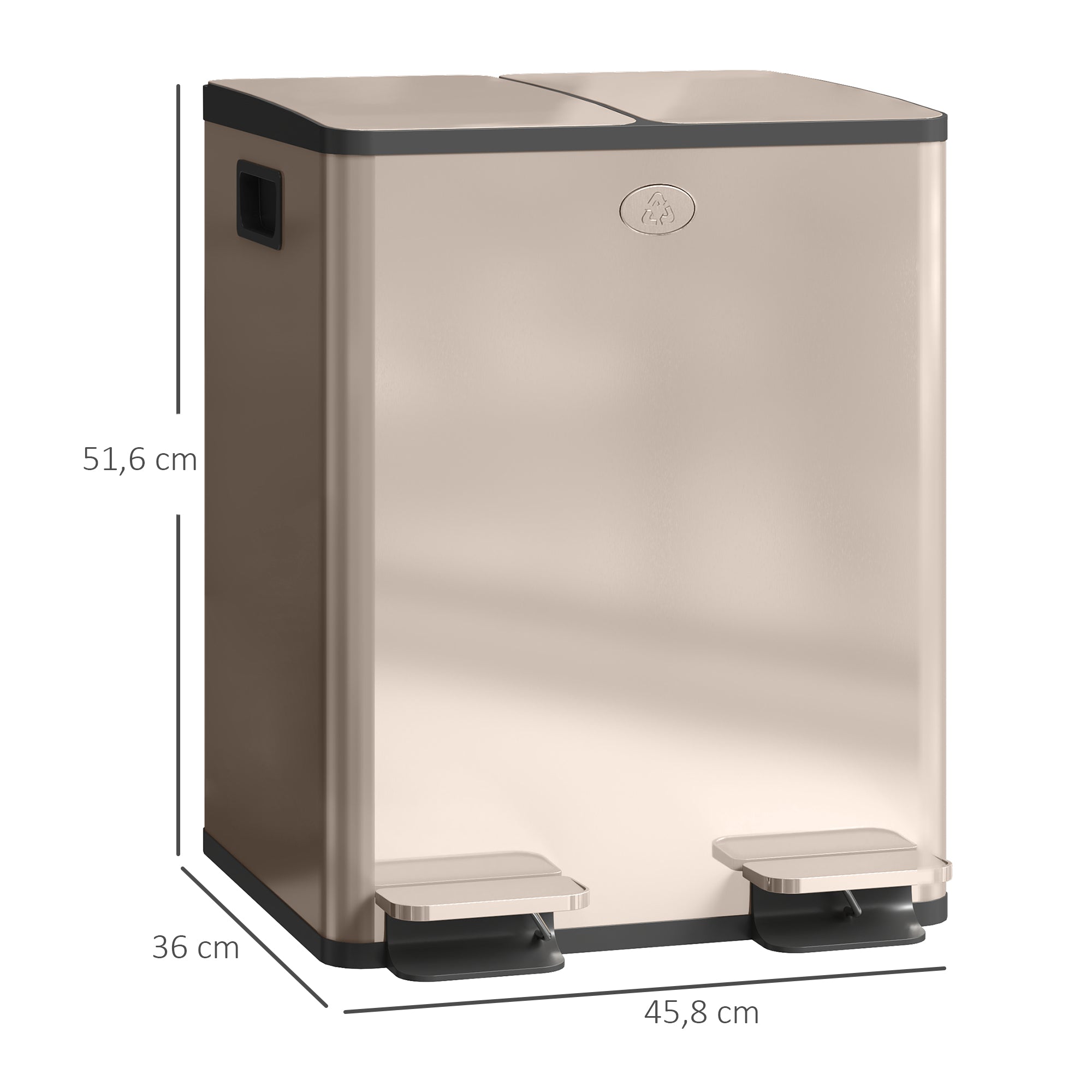 Poubelle à double compartiment 2x20L, poubelle de cuisine à pédale en acier inoxydable, seaux intérieurs amovibles, couvercle à fermeture douce maintien en ouverture, anti traces, or