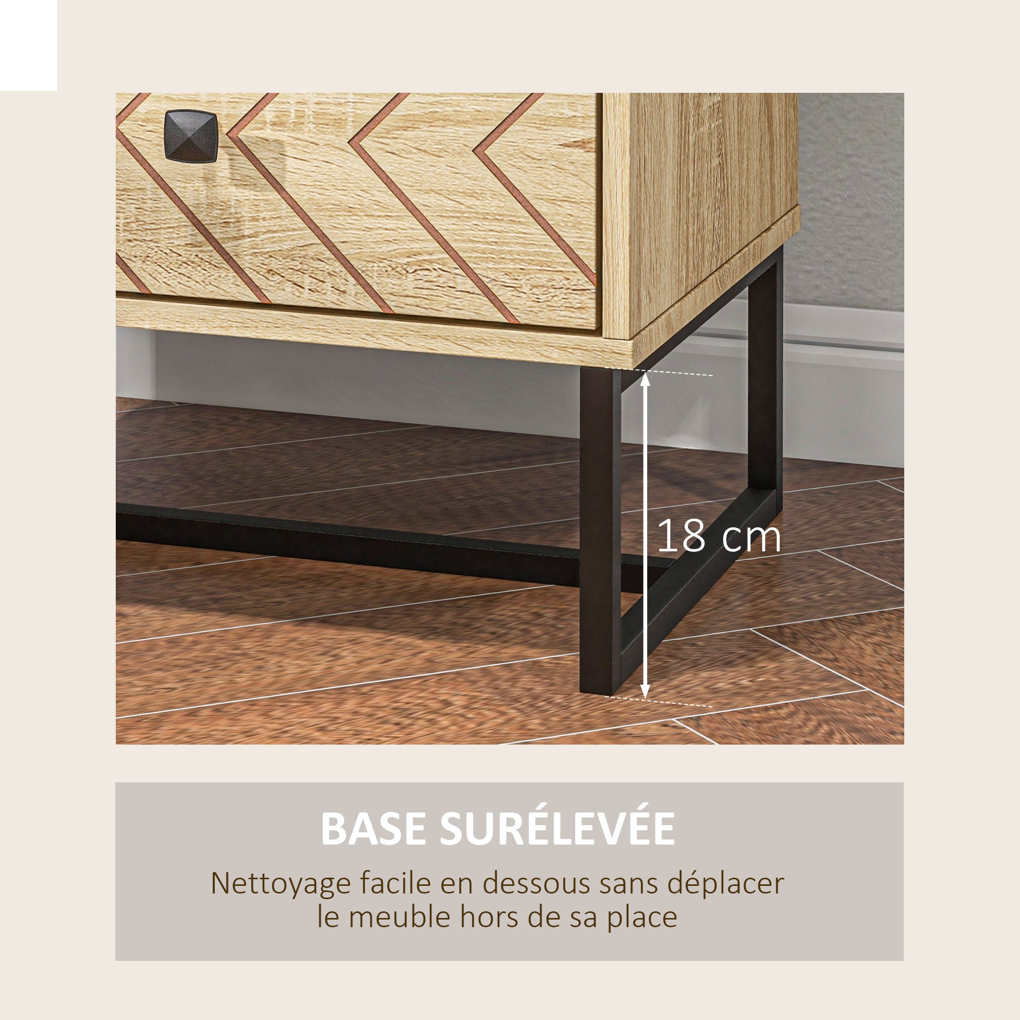 Table de Chevet Table de Nuit Style Graphique 48L x 39,5l x 60H cm 2 tiroirs métal Noir Panneaux Particules MDF Imitation Bois Clair