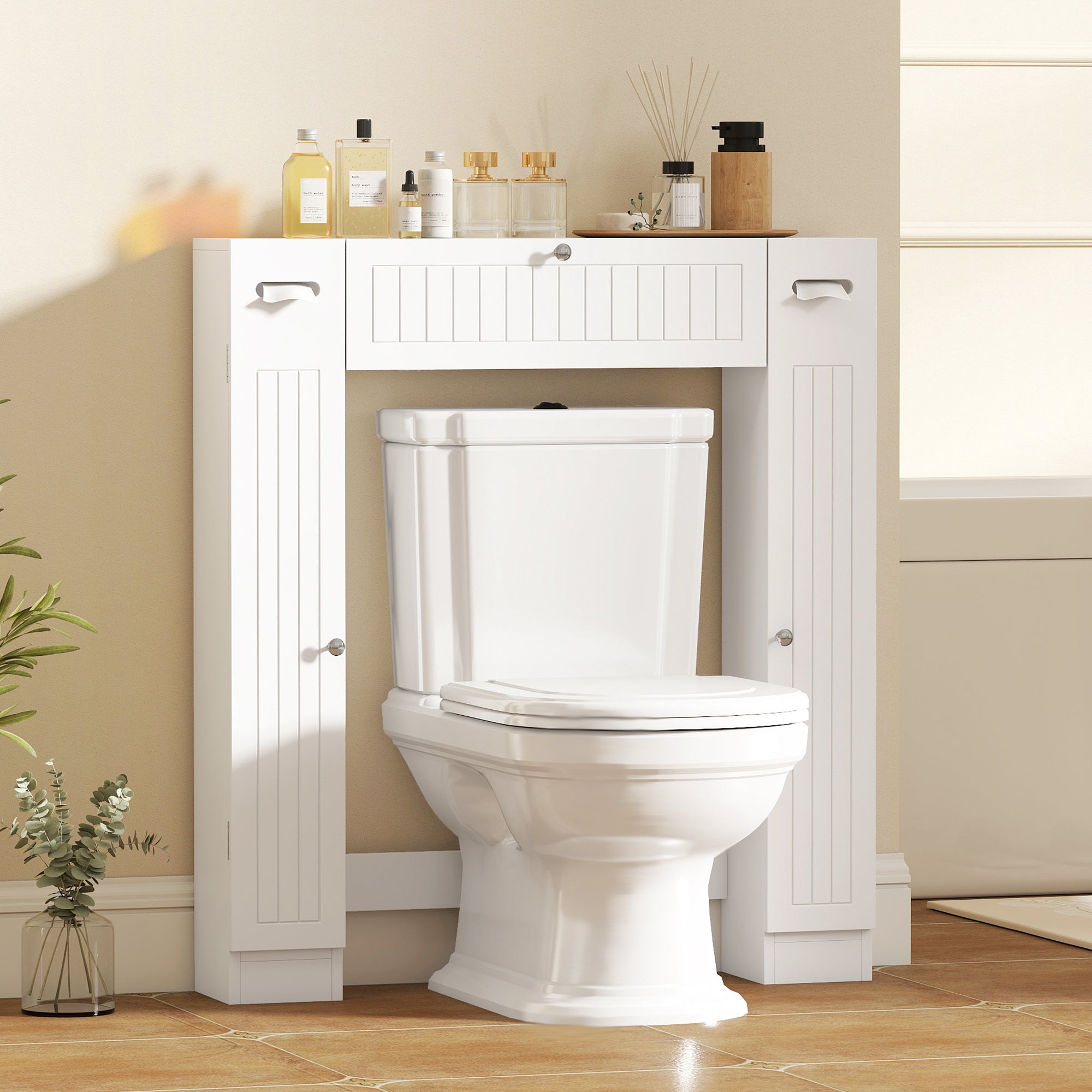 Meuble WC dessus de toilette, armoire au-dessus des toilettes avec 2 placards, tiroir basculant, porte-papier et étagères réglables, 88 x 18 x 98 cm, blanc