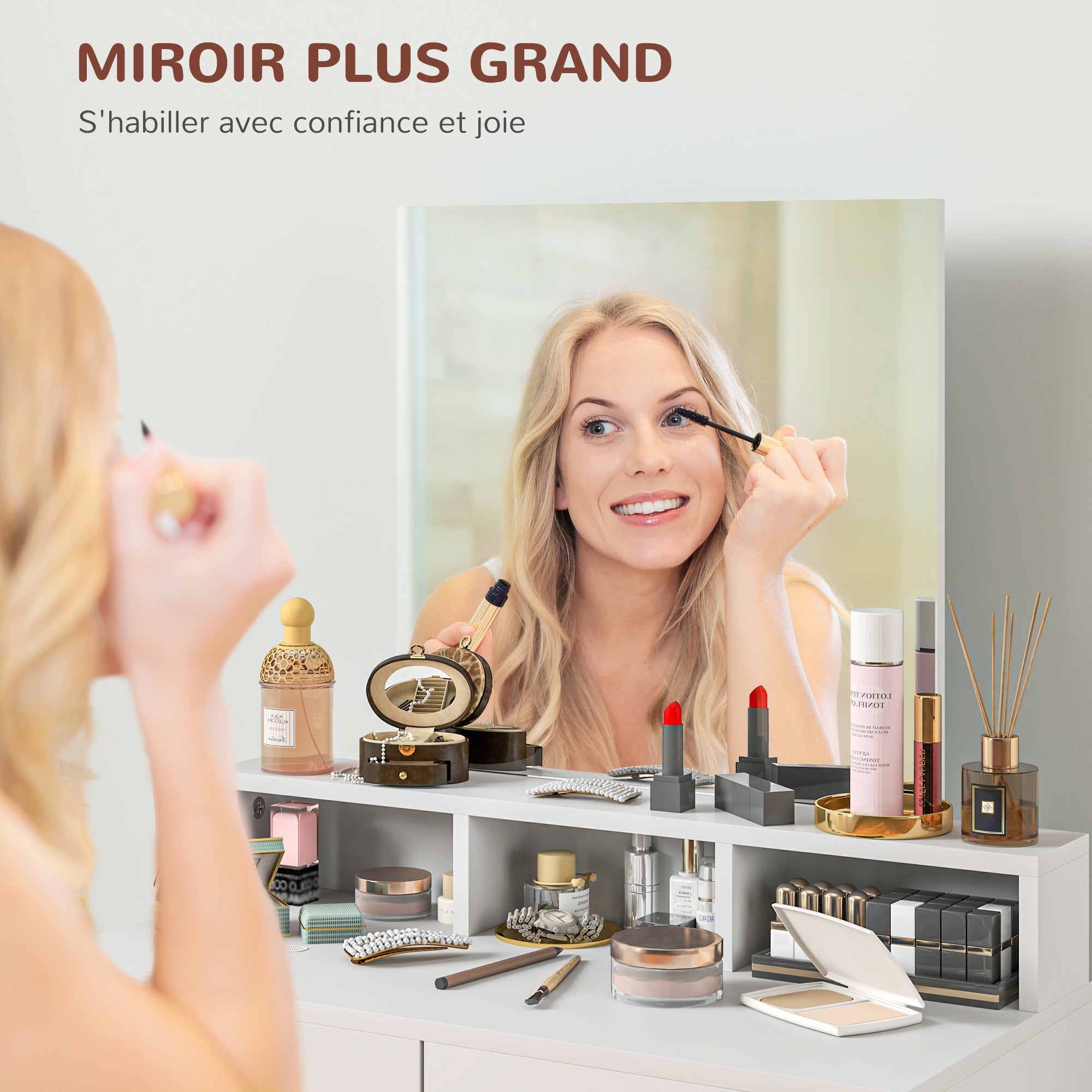 Coiffeuse avec miroir, table de maquillage avec 2 tiroirs et 3 compartiments, style moderne, pour chambre à coucher, 75 x 38 x 135 cm, blanc