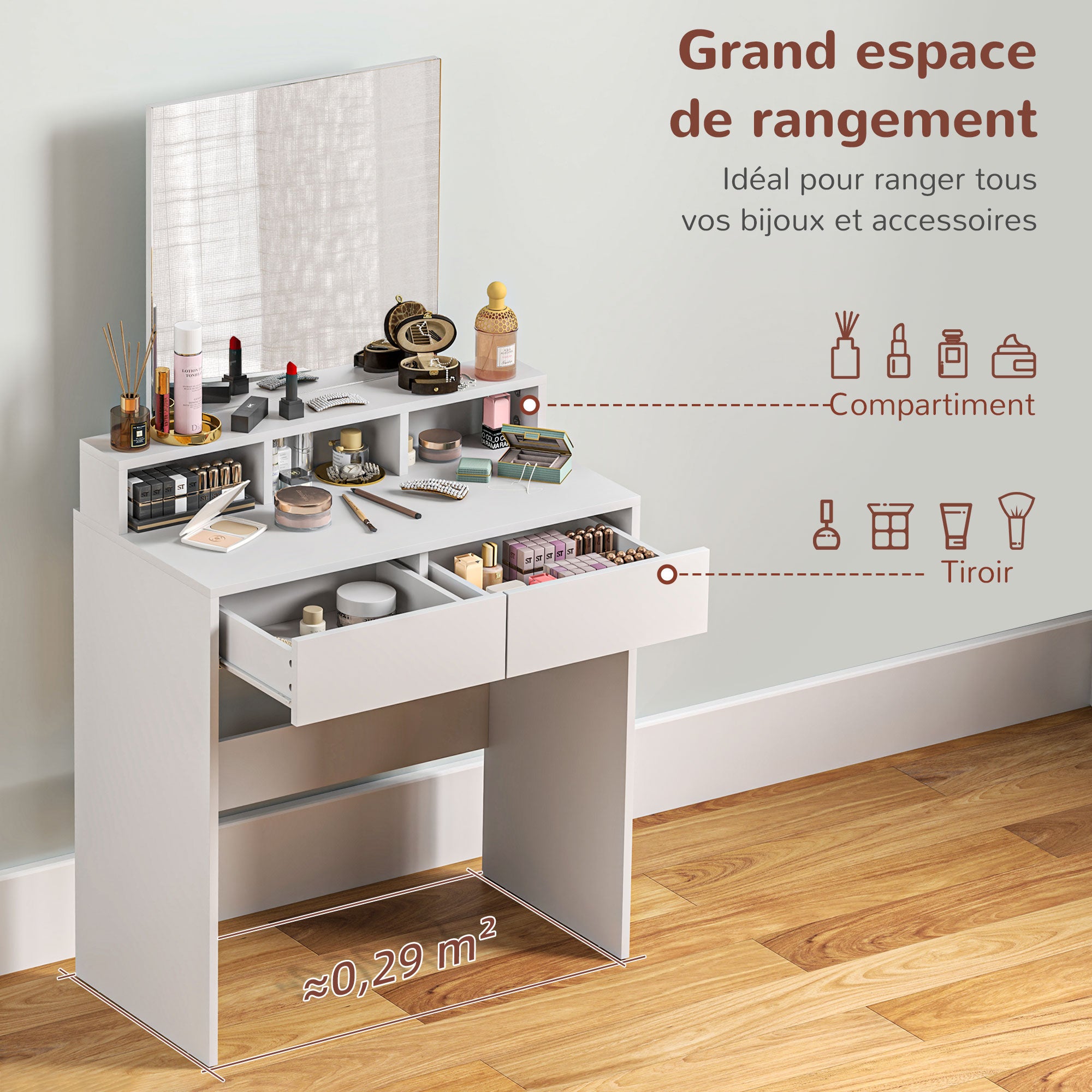 Coiffeuse avec miroir, table de maquillage avec 2 tiroirs et 3 compartiments, style moderne, pour chambre à coucher, 75 x 38 x 135 cm, blanc