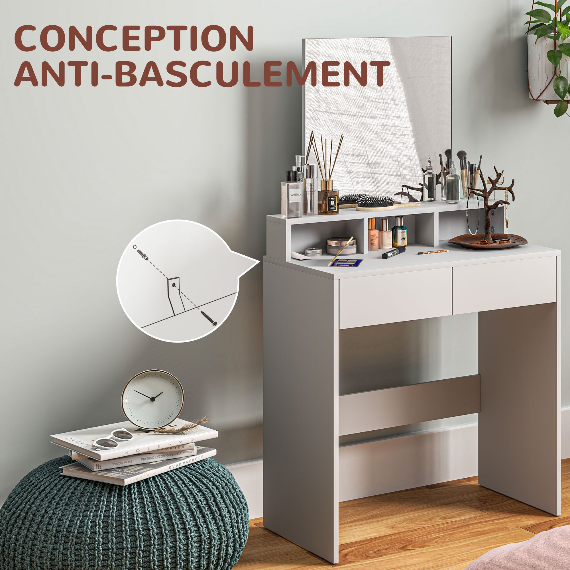 Coiffeuse avec miroir, table de maquillage avec 2 tiroirs et 3 compartiments, style moderne, pour chambre à coucher, 75 x 38 x 135 cm, blanc